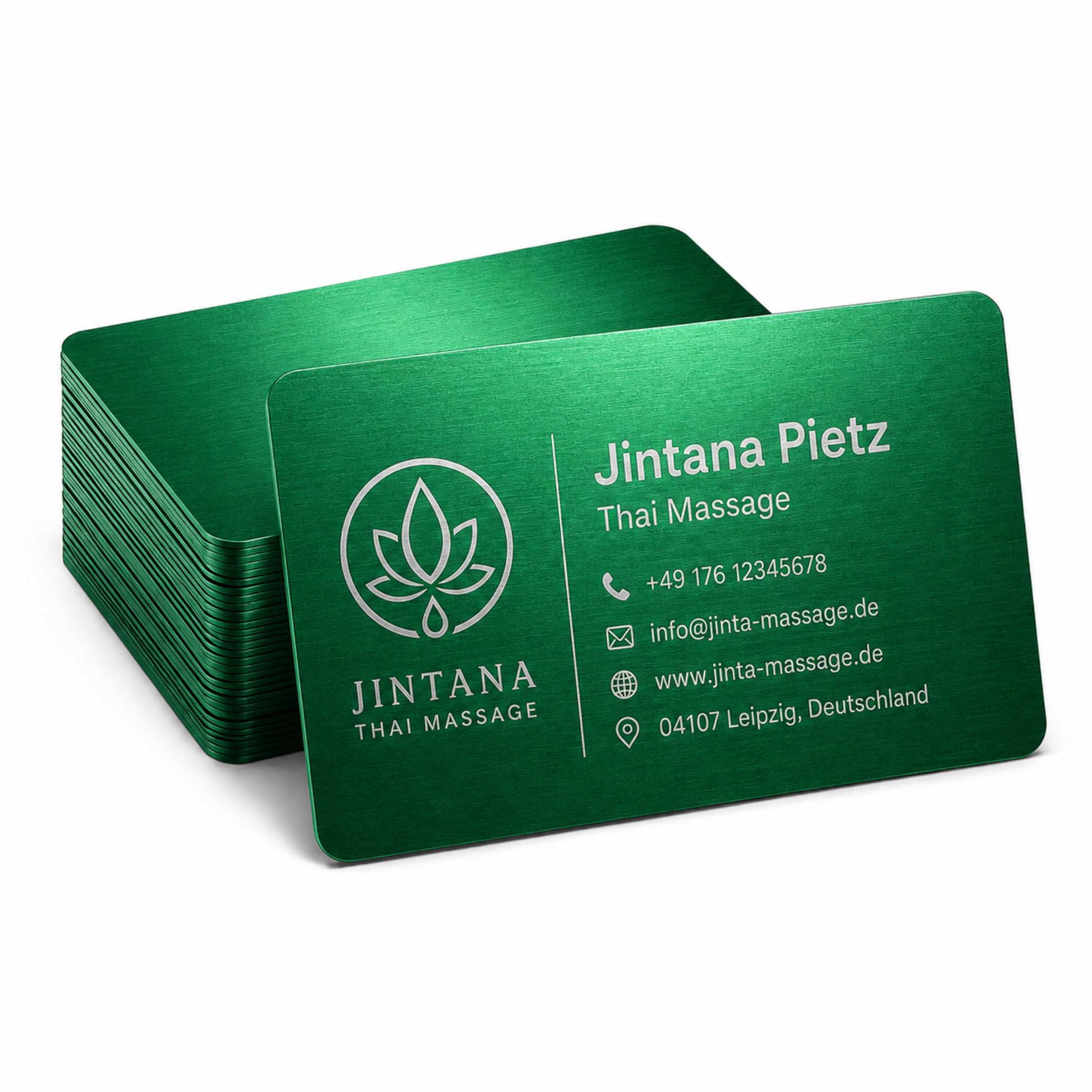 Visitenkarten erstellen - 100 personalisierte Aluminium Metall-Visitenkarten in grün, 85 x 54 mm, mit Logo, Text oder QR Code, beidseitige Lasergravur