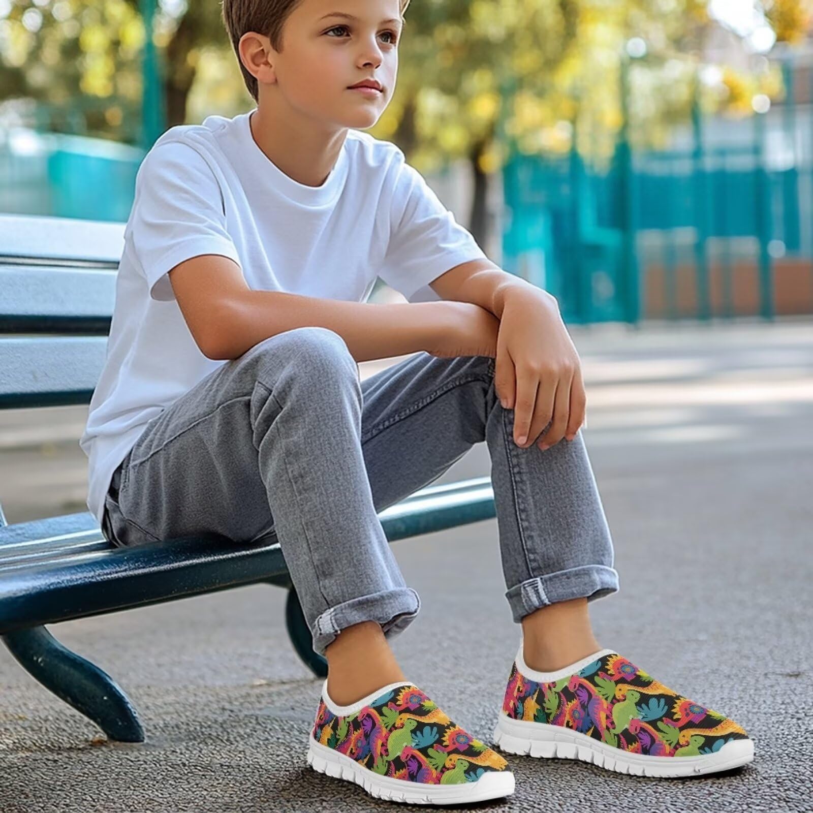 Cugasmaru Dinosaur Shoe for Boys Running Shoes Size 1.5 Big Kid Colorful Slip On Sneakers Back to School Boys Bowling Sport Shoes Active Student Casual Shoes