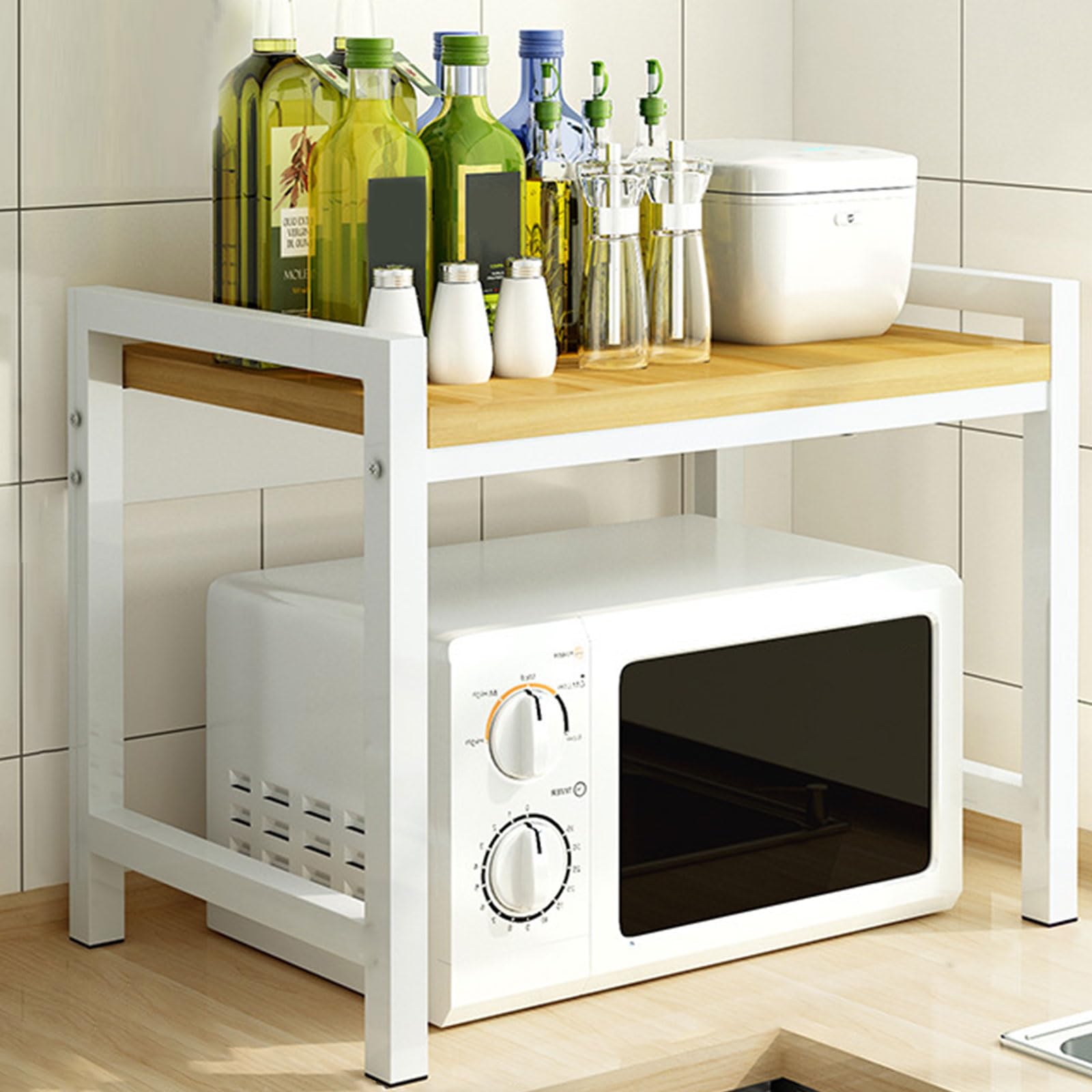 Dxcaicc B Microwave Ove Rack,2-Tier Wooden Microwave Shelf Stand For Countertop,Kitchen Counter Organization For Utensils,Seasoning,Tableware Storage,