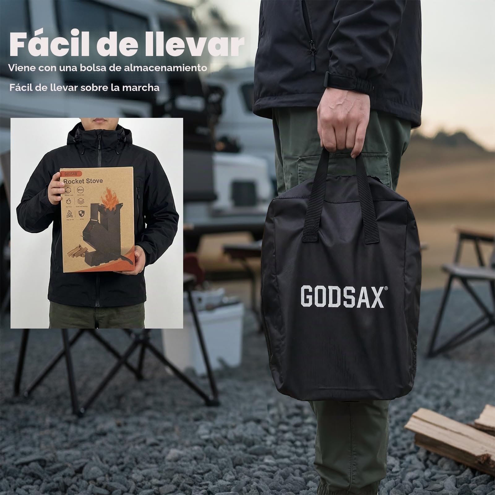 Estufa de cohete para cocinar, estufa portátil de leña, mini estufa de leña, estufa de camping para cocinar en el patio, cocina, camping, eventos al aire libre, viene con bolsa de almacenamiento