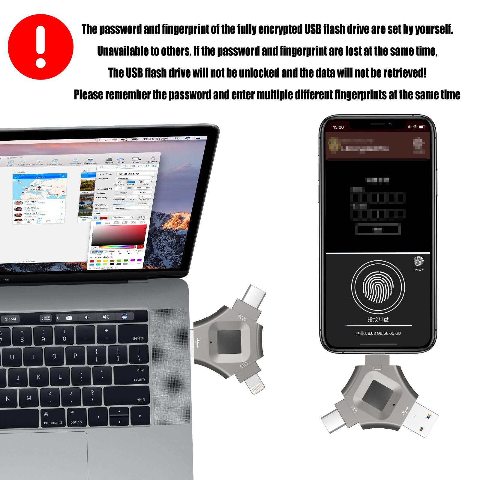 Clé USB 3 en 1 cryptée par Empreinte Digitale, 256 go/512 go, déverrouillage par Empreinte Digitale, pour téléphone Portable,512GB