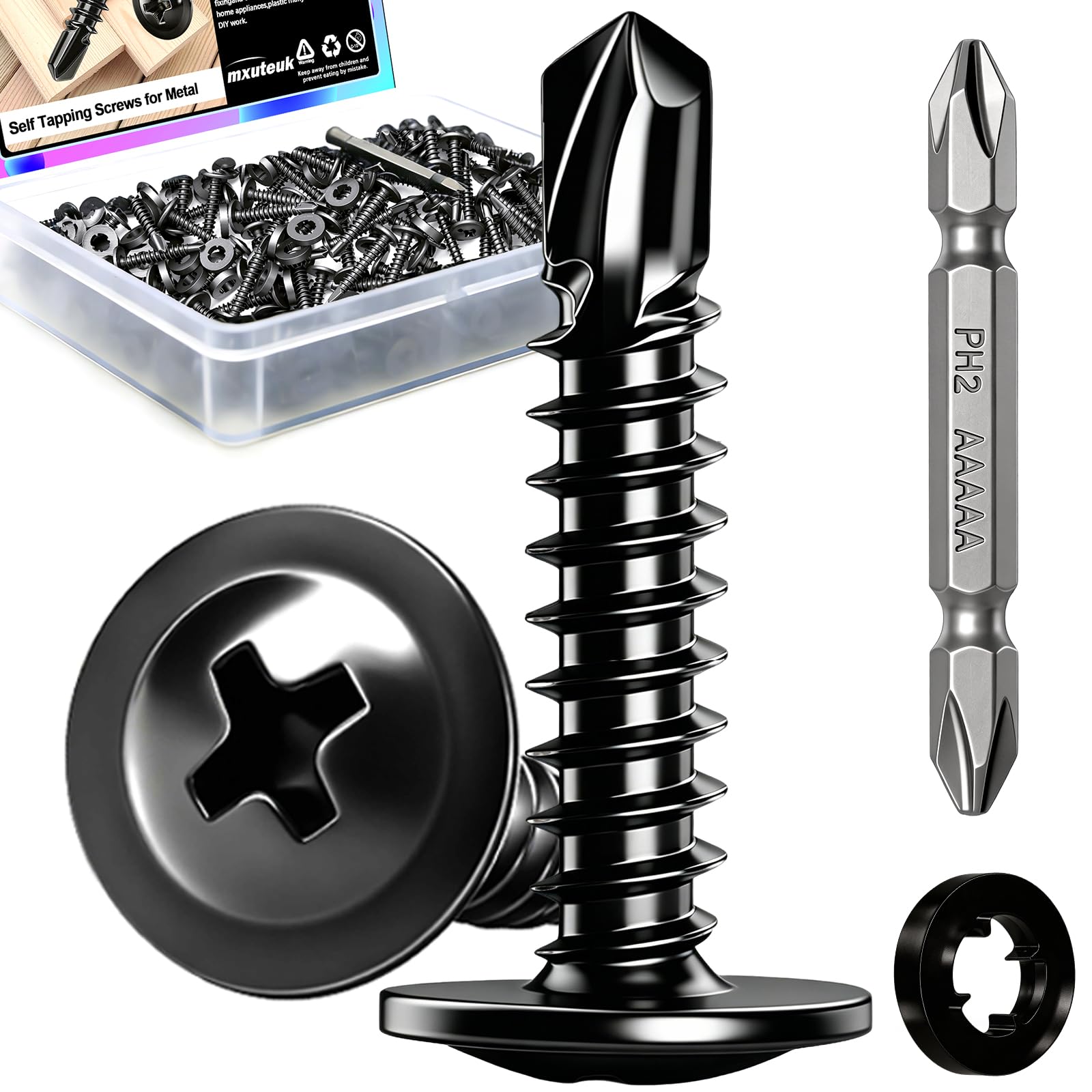 mxuteuk 230PCS #8 Self Tapping Screws for Metal,410 Stainless Steel Self Drilling Screws,1/2",5/8",3/4",1",1-1/4" Truss Head Sheet Metal Screws with Rubber Washers for Metal,Plastic,Wood(115pcs Sets) — Amazon image 30