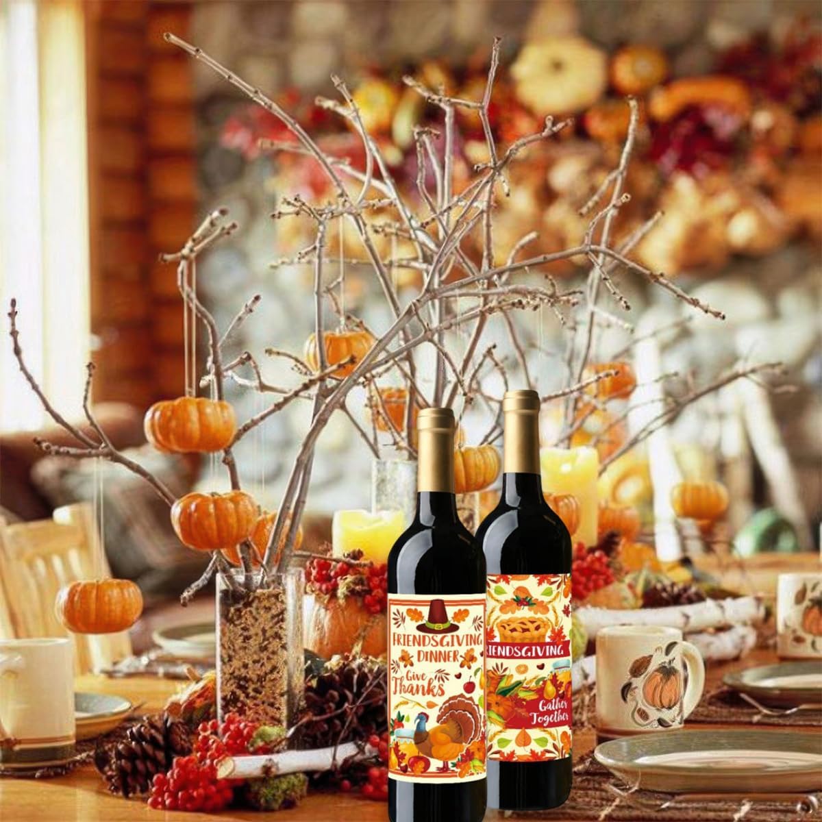 Thanksgiving Wine Bottle Labels Stickers Fall Maple Leaf Pumpkin Turkey Themed Party Wine Bottle Decorations Gift Champagne Wine Bottle Label for Happy Thanksgiving Autumn Harvest Party