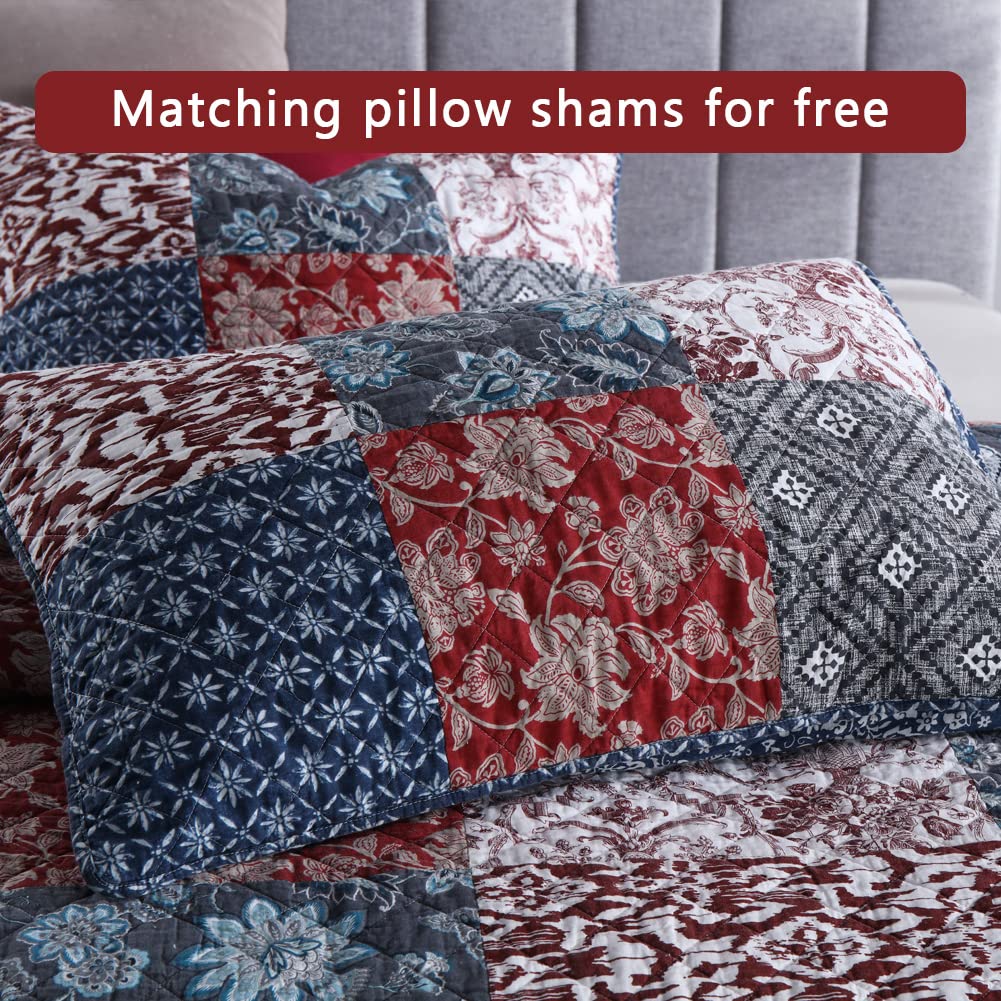 Secgo King Quilt Size- 100% Cotton King Size Comforter Set Burgundy Bedding Sets (98 * 106 Inch) with 2 Pillow Shams, Patchwork Reversible Lightweight Bedspread, Quilted Coverlet Fit All-Season