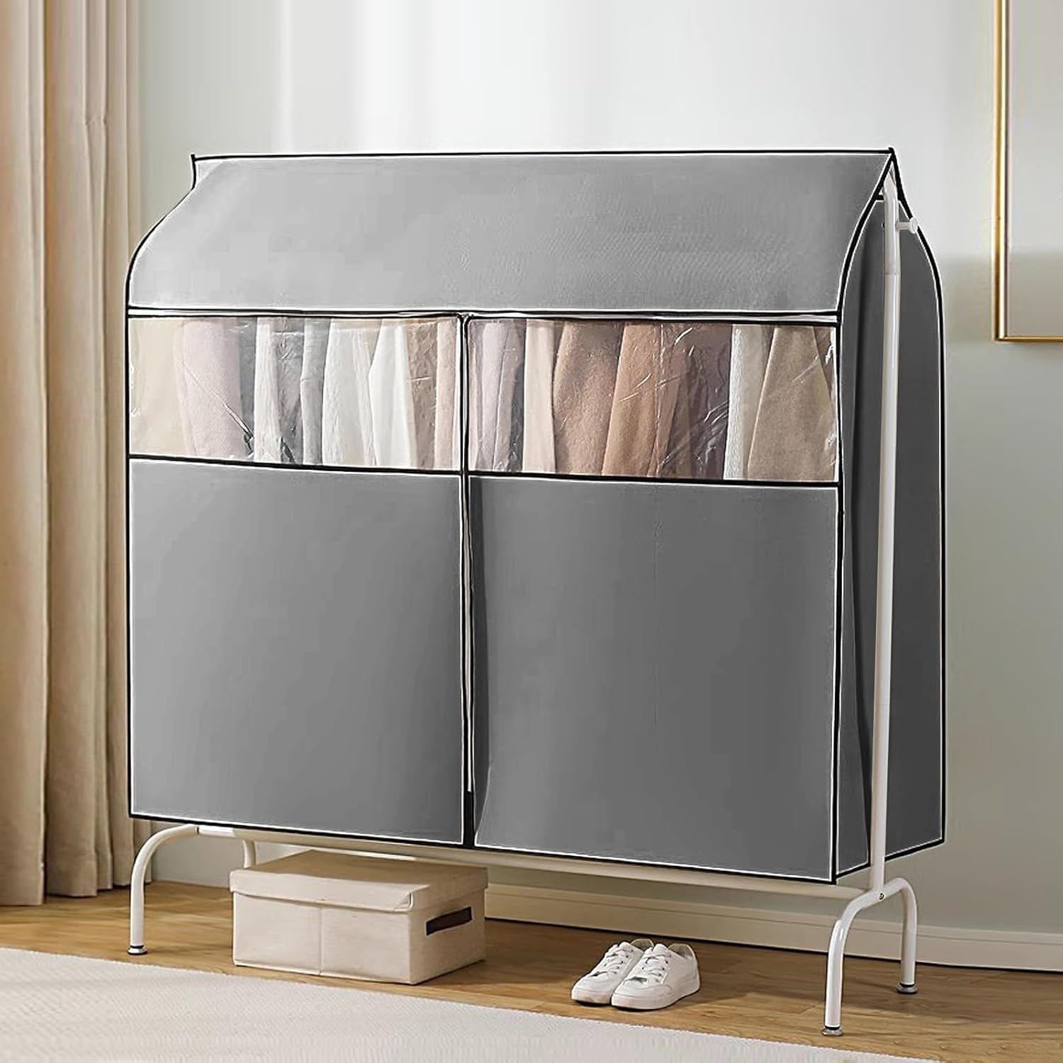PEVA Dustproof Clothes Rail Cover, Non-Woven Closet Garment Cover With Transparent Window Multicolor 60-150x120cm(Grey,60x120cm/24x47in)