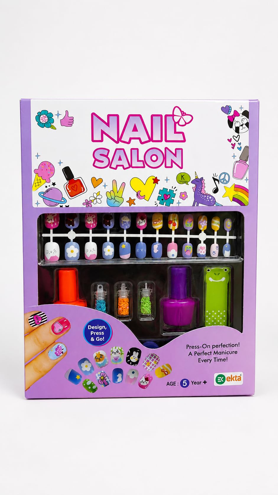 Ekta Nail Salon Kit for Girls with 24 Press-On Nails & Accessories | Ages 5 Years & Above, Includes Nail Charms, 2 Nail Paints Included, Reusable Artificial Nails, Nail Filer & Toe Separator-image-35