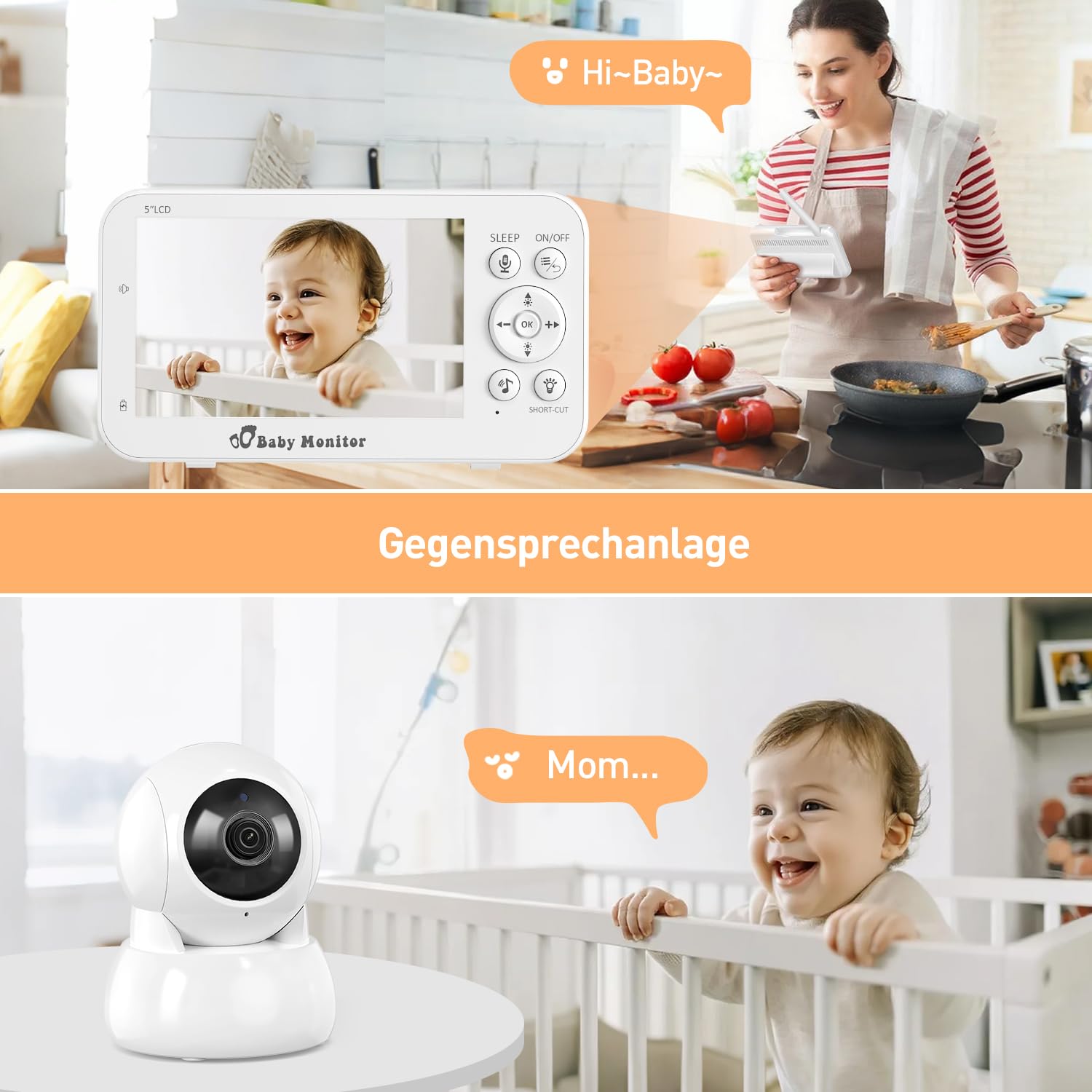 Babyphone mit Kamera und Audio, 5" Bildschirm Babyfon mit Kamera Ohne WLAN, Babyphones 5200 mAh Akku, Baby Monitor with Camera IR-Nachtsicht 2-Wege-Audio Vox-Modu Temperatursensor.
