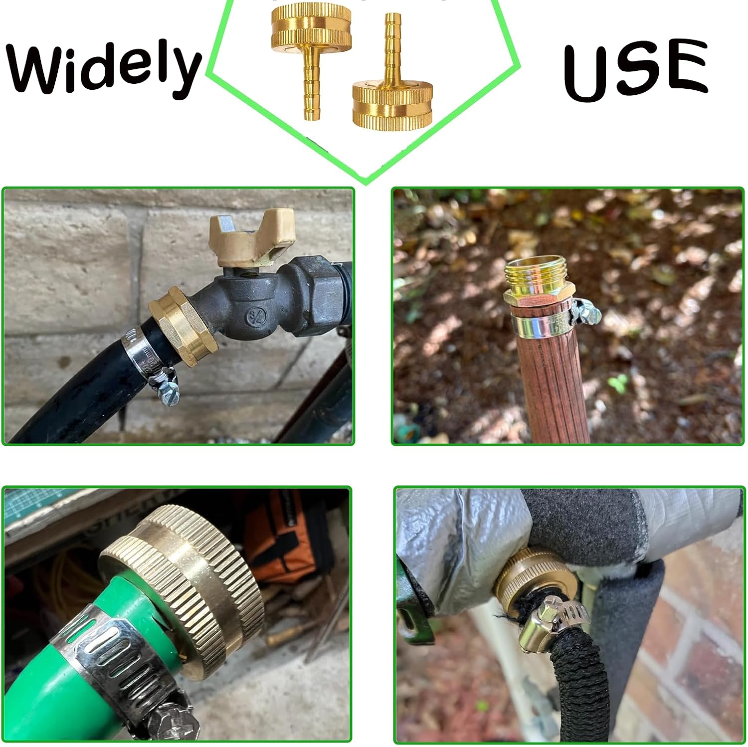 AOPANDA 3/8" Barb x 3/4 Female GHT Thread Solid Brass Water Hose End Repair Connector, Includes Stainless Steel Clamps and gaskets(10PCS)