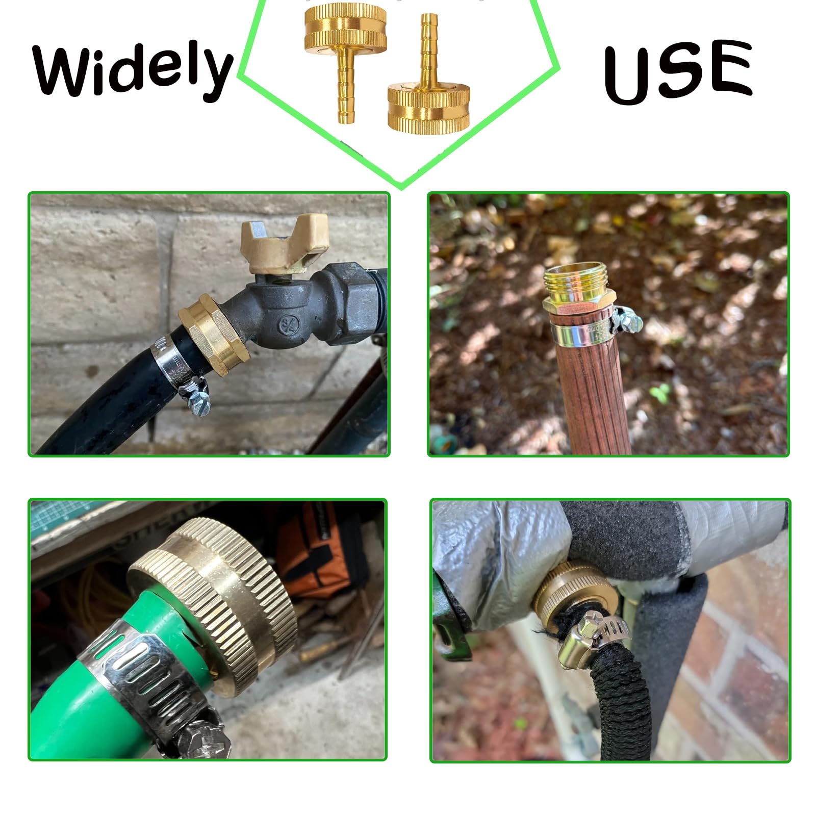 AOPANDA Conector de reparación de extremo de manguera de agua de latón macizo de 3/8 pulgadas x 3/4 pulgadas, incluye abrazaderas y juntas de acero inoxidable (10 unidades)