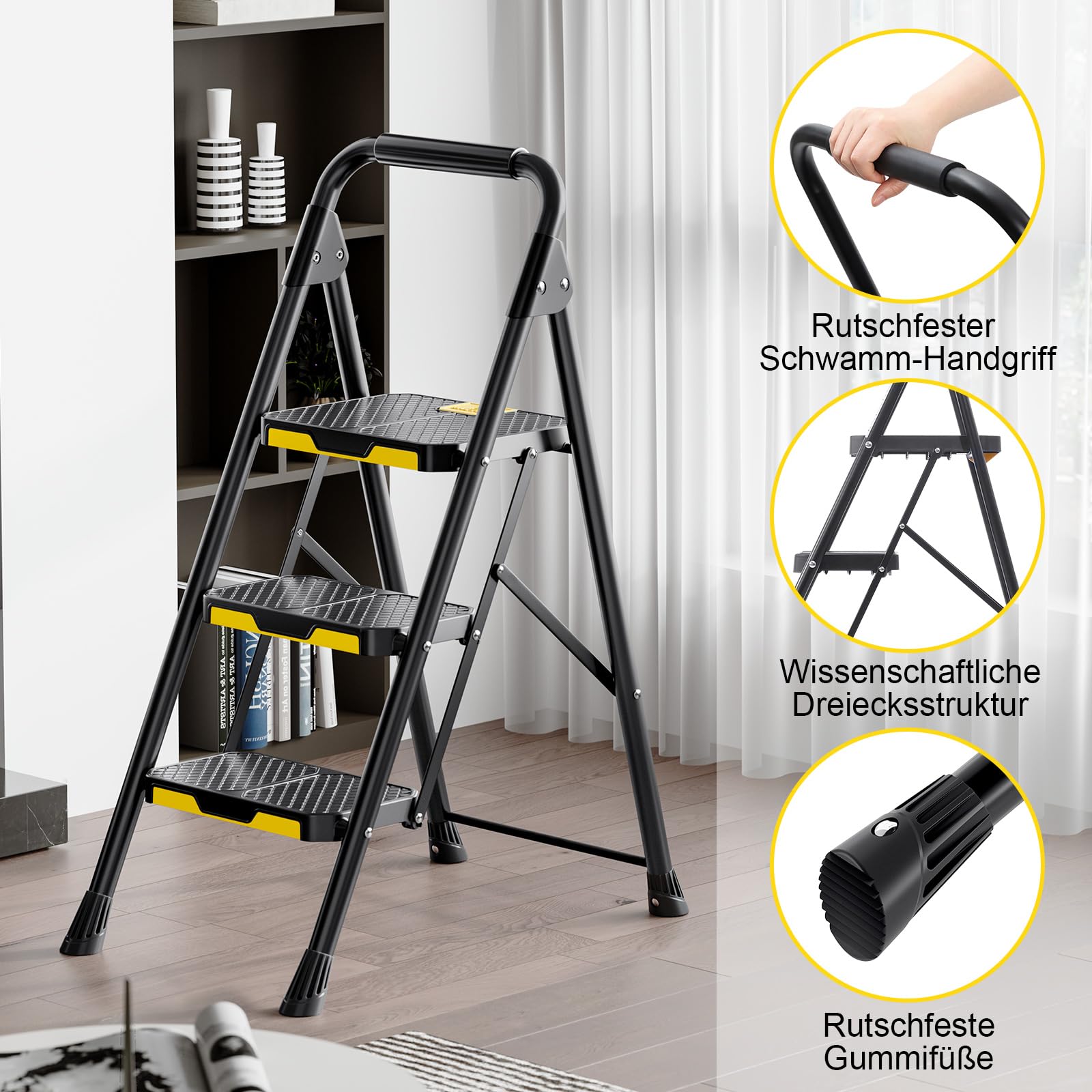 KINGRACK Leiter 3 Stufen, trittleiter 3 Stufen klappbar, haushaltsleiter mit rutschfestem, breitem Pedal und Handläufen, leichte Haushaltsleiter für Küche, Vorratskammer, Schränke, Büro(Schwarz)