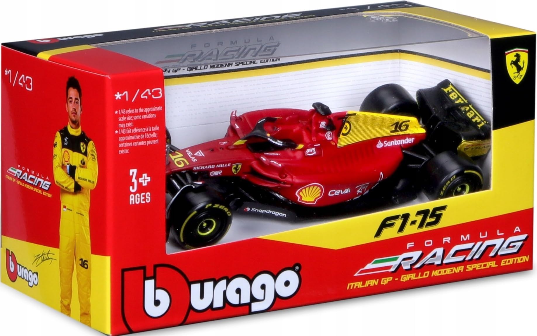 F1-75#16 Charles Leclerc Giallo Modena 2nd Place Formula One F1 Italian GP (2022) "Formula Racing Series 1/43 Diecast Model Car by Bburago 36832CLMZ