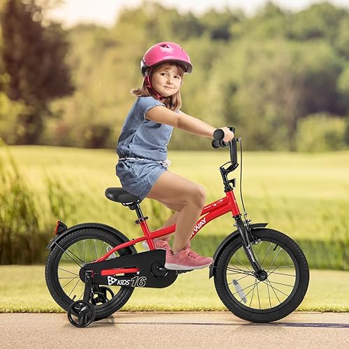 Miniatura 9 de COSTWAY Bicicleta para niños de 12/14/16/18 pulgadas, bicicleta para niños pequeños con ruedas de entrenamiento, asiento y manubrio ajustables, Rojo