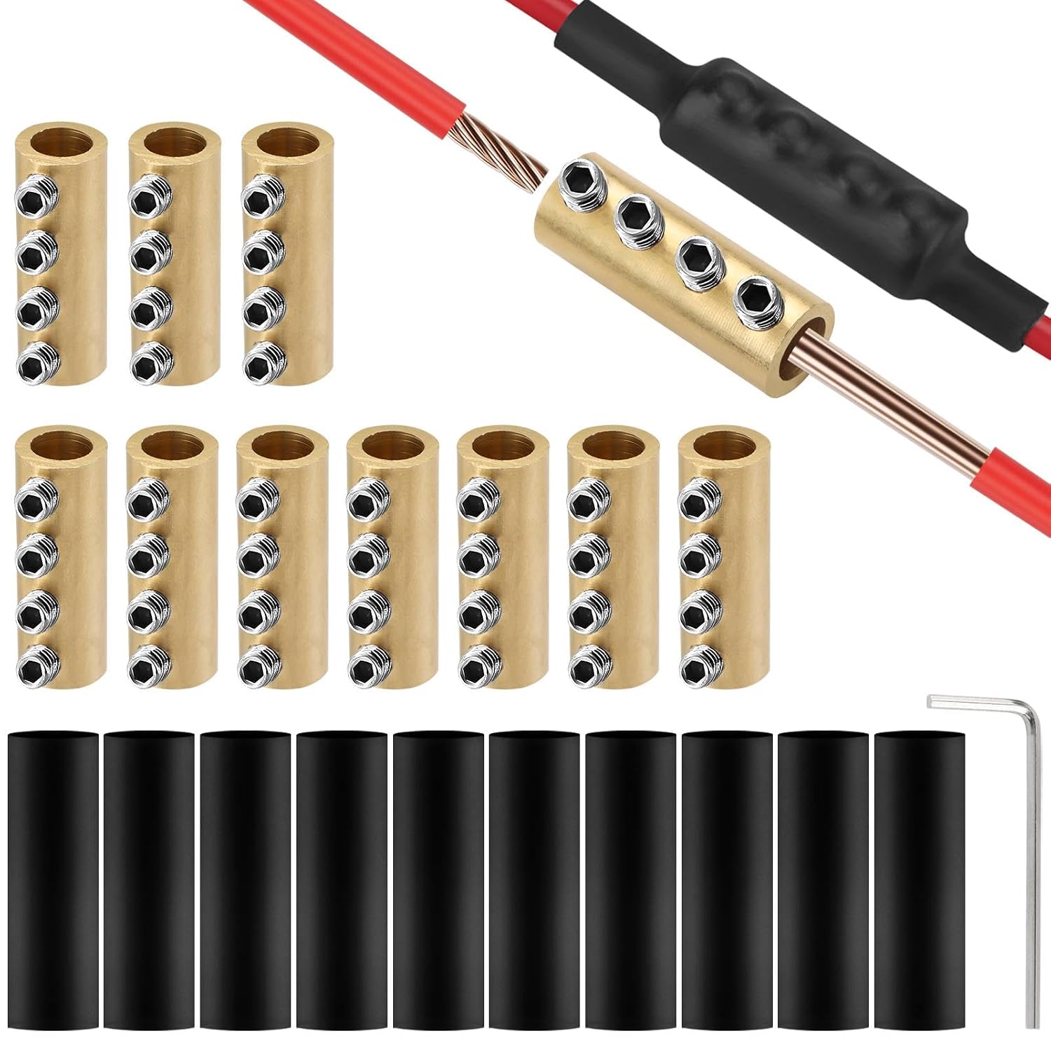 10 Pcs 6AWG Wire Connector Nut Kit, 80Amp Screw Quick Terminal with 10Pcs Heat Shrink Tubes, Splicing Quick Wire Connectors with Screws, Wrench, Circuit Brass 4-Hole