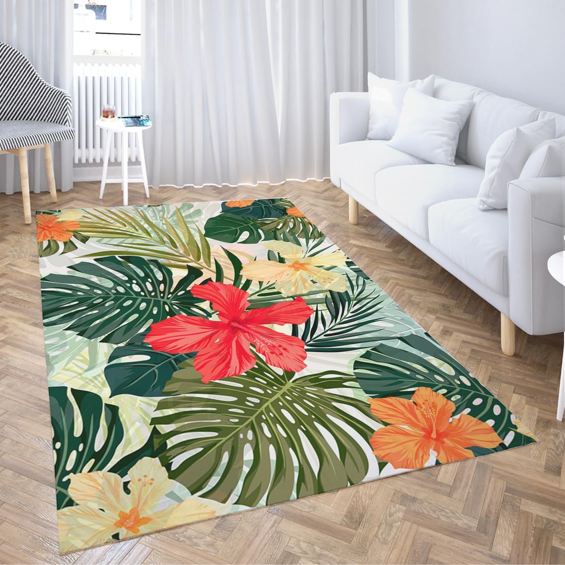 Area Rug 2'x 3' Summer Colorful Hawaiian with Tropical Plants and Hibiscus Flowers Super Soft Comfort Anti-Slip Modern Washable Casual Rug Home Decor Bedroom Living Room