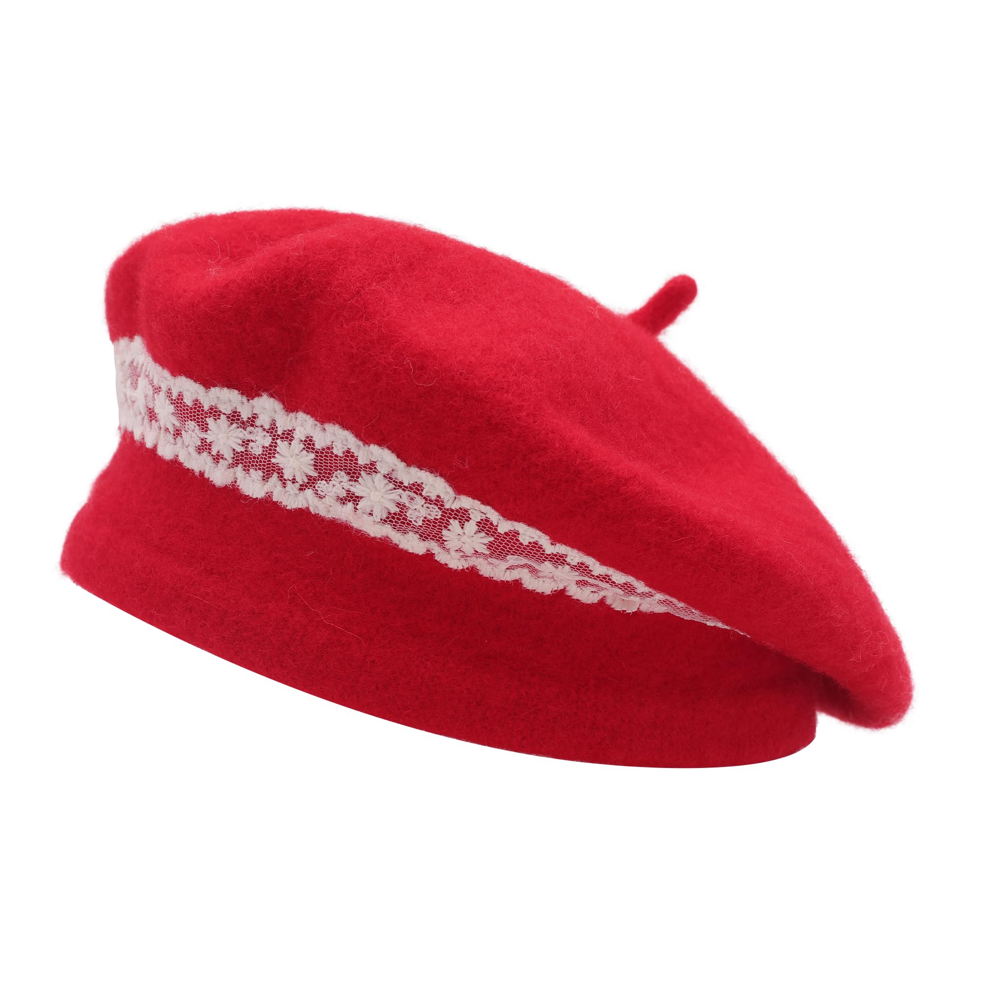 ZLYC Wool Kids Beret Hat Girls Solid Color Artist French Beret Cap(Lace Red),One Size