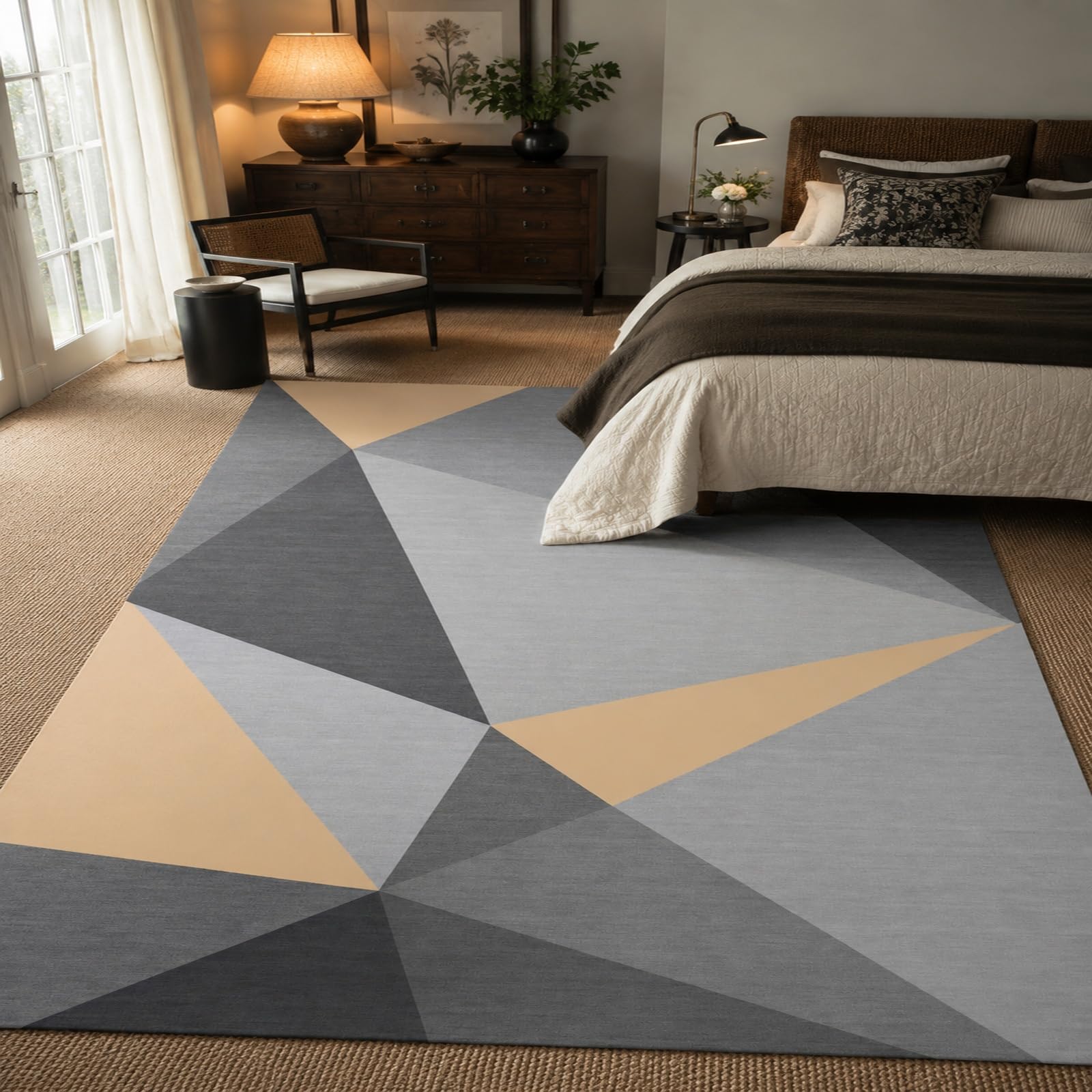 Teppich Waschbar in Waschmaschine, 80 x 150 cm, Modernes geometrisches Grau, Beige, Teppiche Wohnzimmer, Schlafzimmer Bettvorleger, Rugs waschbarer,