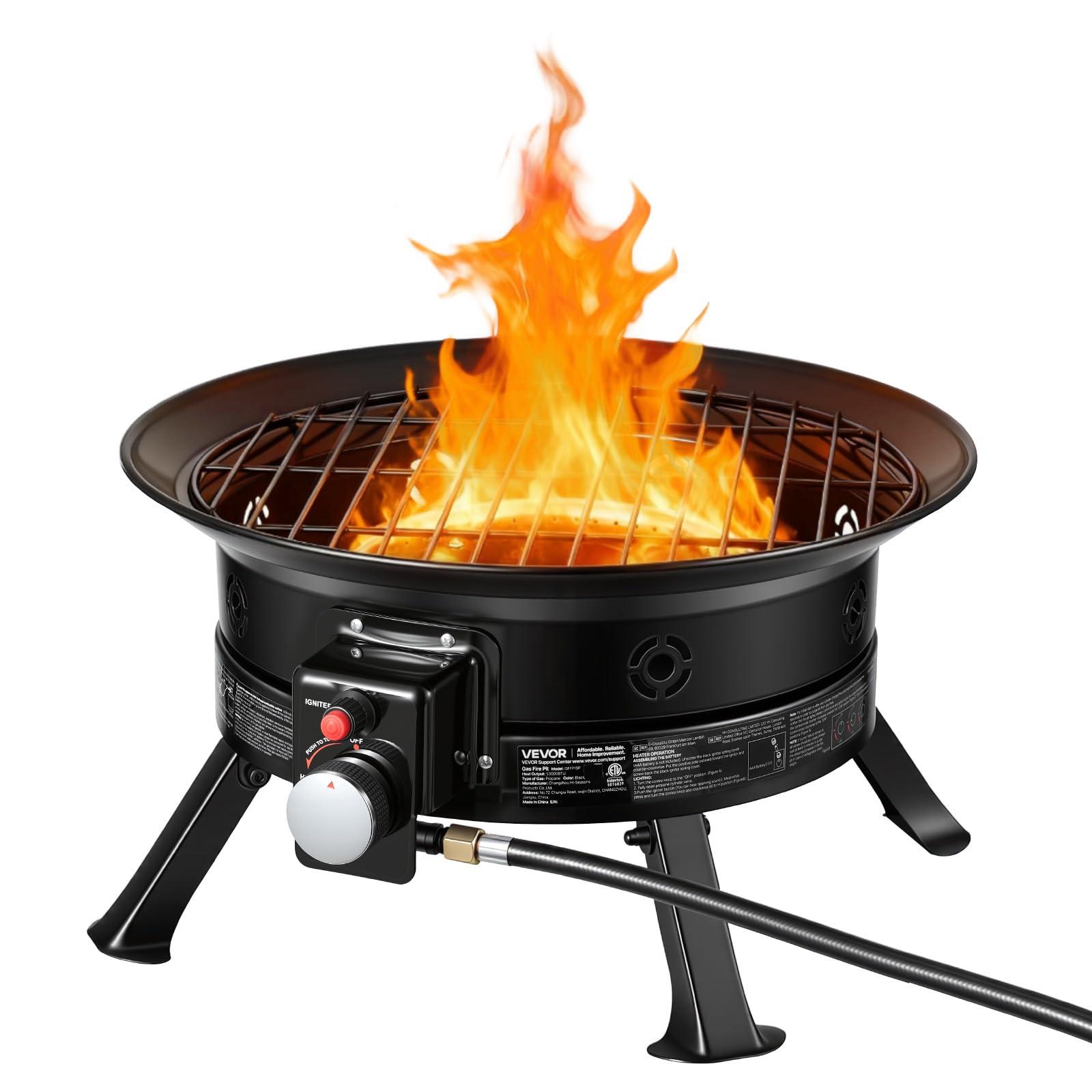 VEVOR Propane Fire Pit 24-Inch, 53,000 BTU Portable Gas Fire Pit, with Grill Grate & Lava Rocks, Adjustable Flame, Folding Legs,Smokeless Outdoor