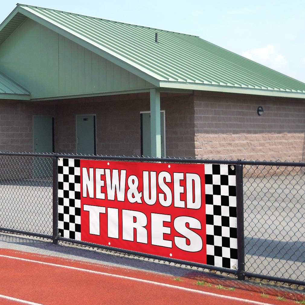 Vinyl Banner Sign New& Used Tires Auto Body Shop Car Repair Marketing Advertising Red - 16inx40in, 4 Grommets, Set of 2