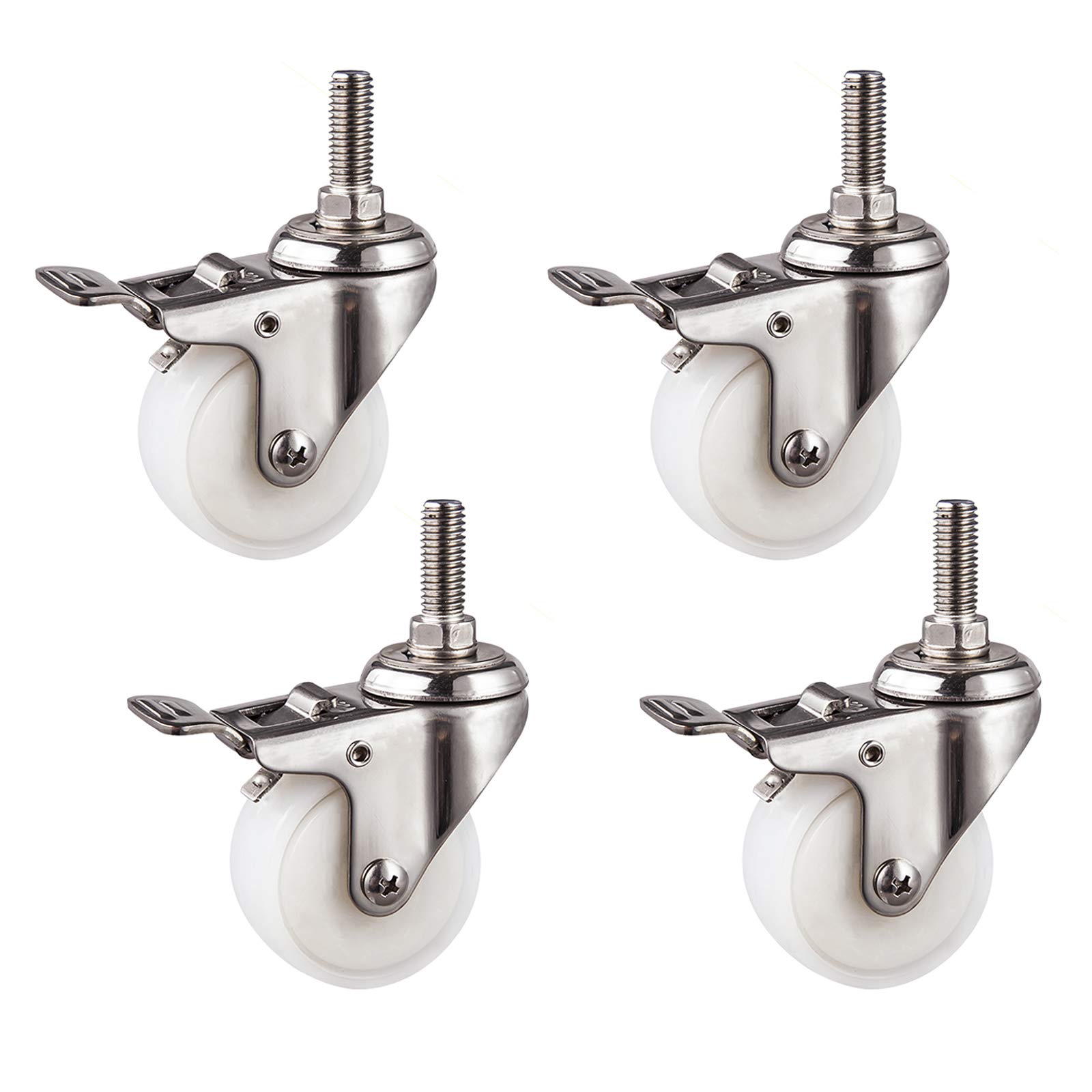 Koła jezdne, koła z gwintem M10X25 mm, małe kółka do wózka sklepowego, kółka obrotowe 360 stopni, koła zapasowe, materiał PA, 4 szt., białe/hamulcowe/40 mm/1,5 cala