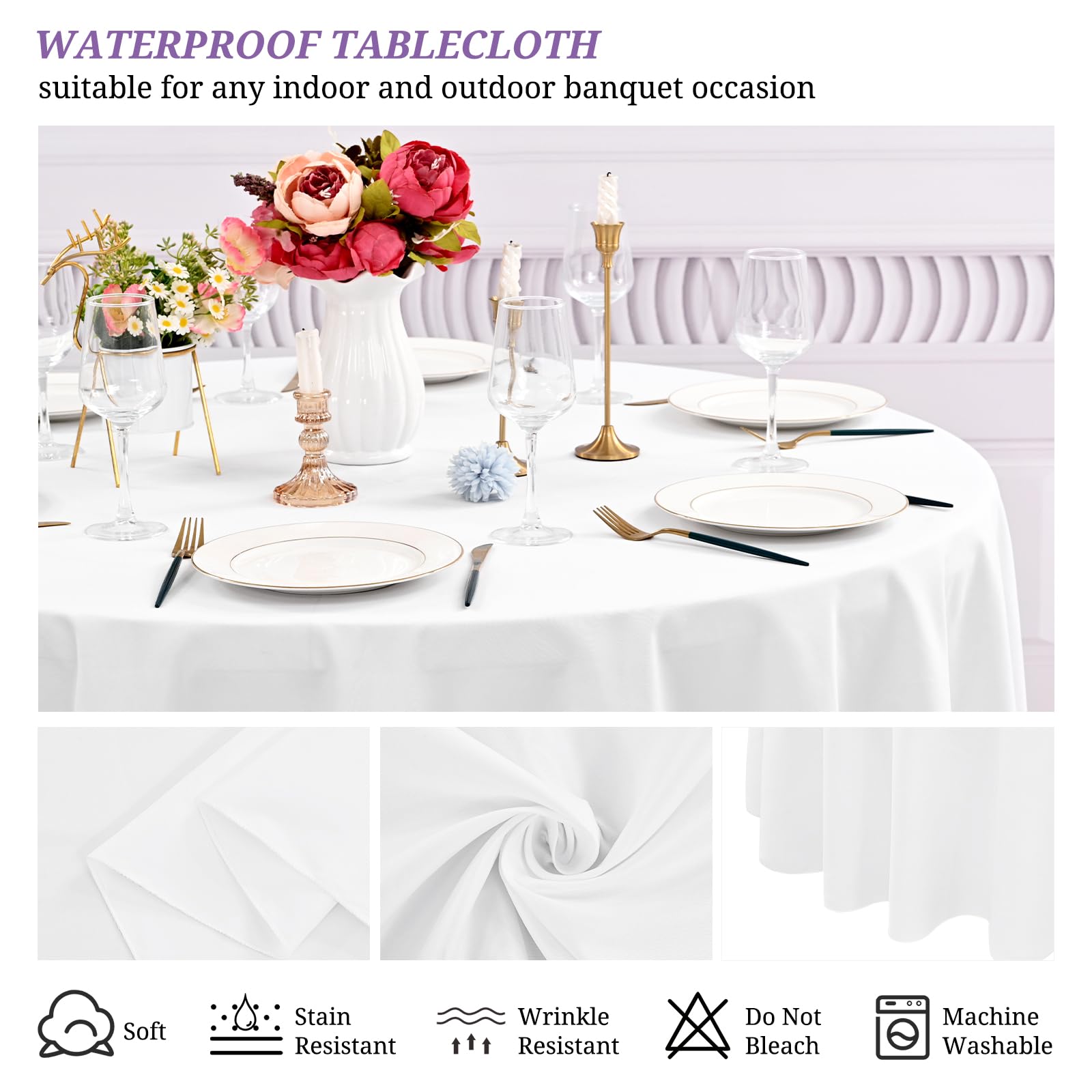 FXKS 2 Pack White Round Tablecloth 229 cm Washable Table Cloth,Polyester Circle Table Cloth,Stain and Wrinkle Resistant White Fabric,Tablecloth for Wedding Banquet Party - Image 3