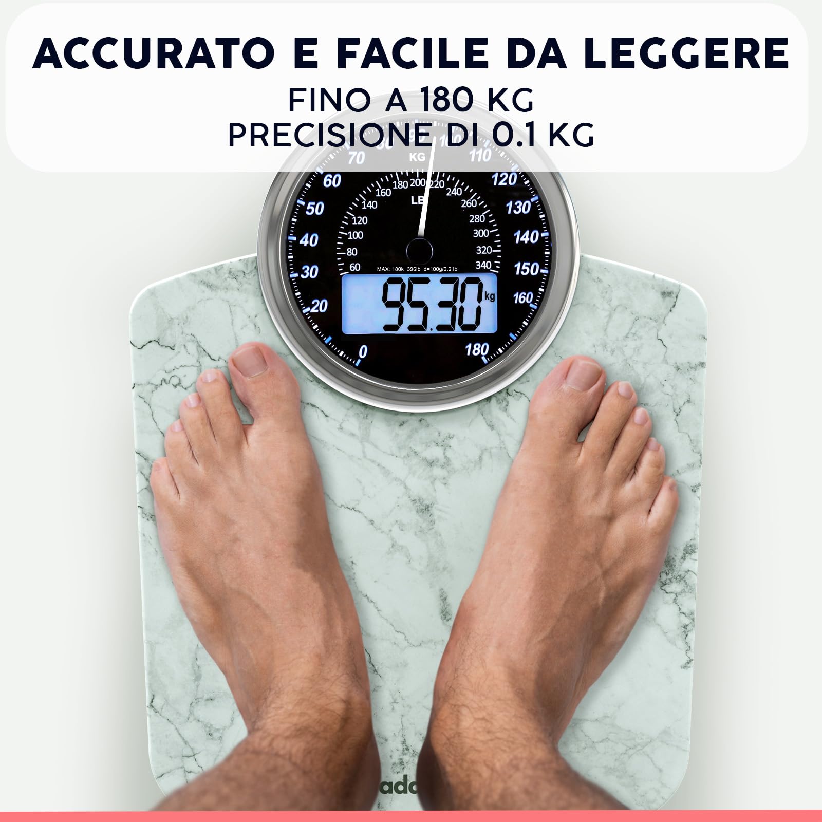 Hybrid Bilancia Pesapersone - Analogica & Digitale, Precisa fino a 180 kg | Leggete il peso su quadrante analogico e LCD insieme. Piattaforma larga, 3 batterie AAA incluse, pronta all'uso.