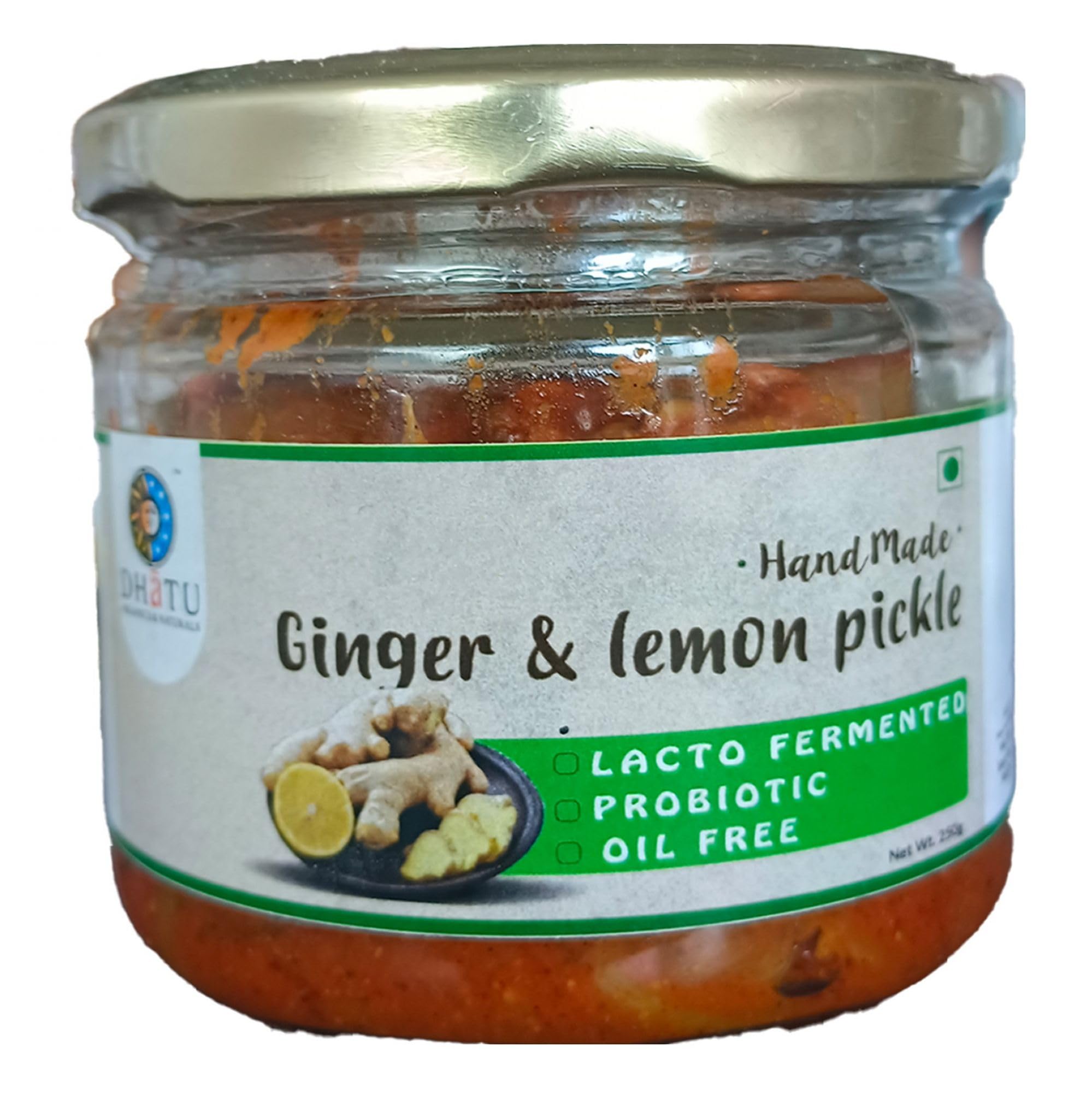 Dhatu By Rootz Organics Lemon Ginger Pickle 250ml - A Delicious Fusion of Zesty Lemons and Spicy Ginger - Oil Less, Organic, No Synthetic Additives & Preservatives, Homemade Traditional Achaar 250g