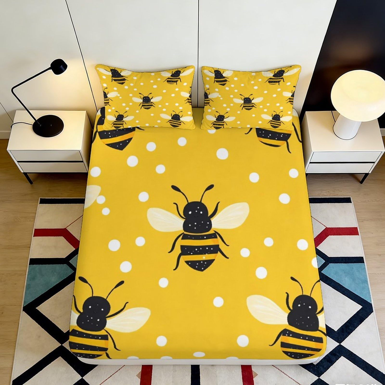 3D Printed Bumblebee Pattern Fitted Sheet Microfiber Non-Slip Mattress Cover Yellow Bee Decor for Bedroom Guestroom 120x200x25cm