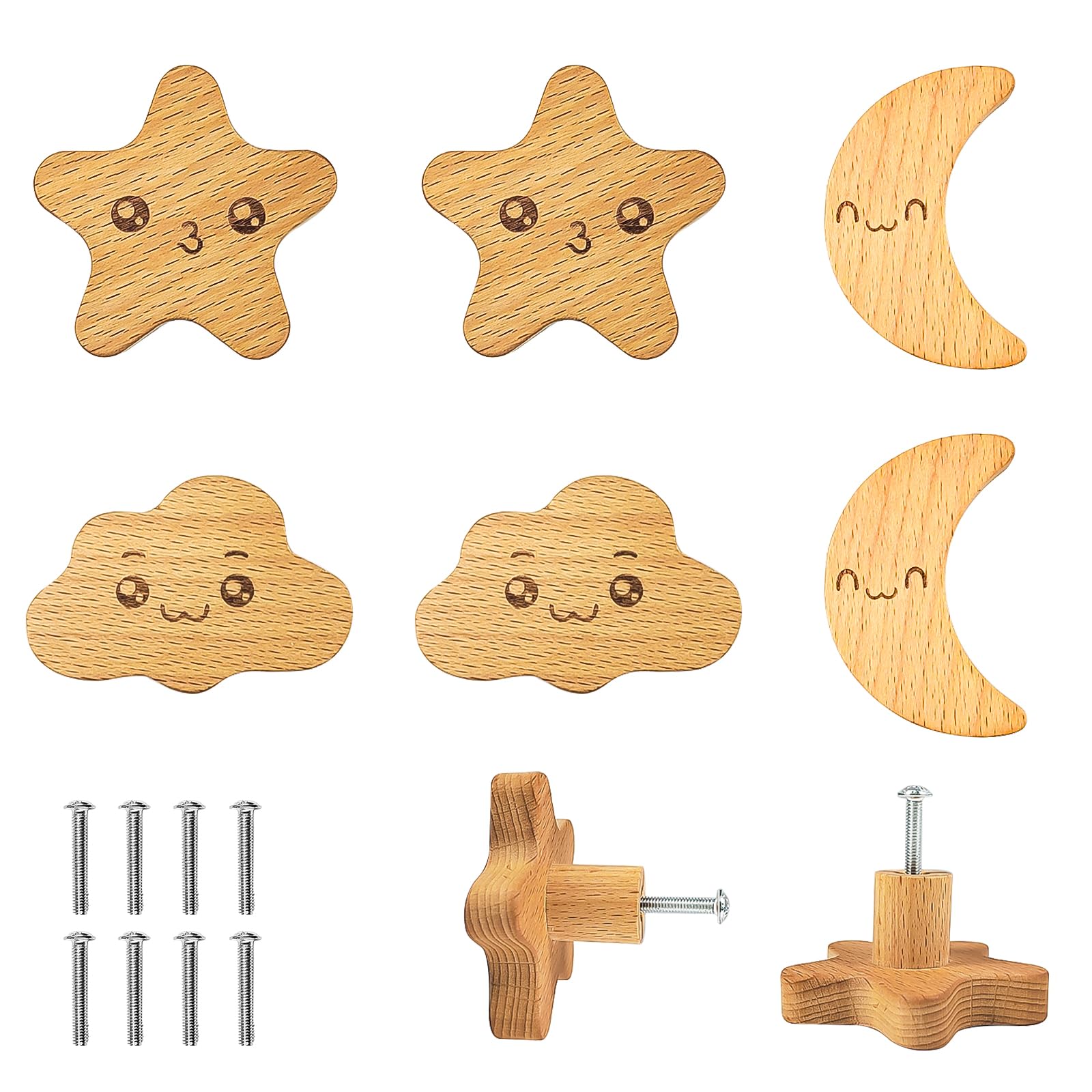6 Pezzi Pomelli per Mobili Bambini, Pomelli per Cassetti, Pomelli Bambini Pomelli Legno per Cameretta dei Bambini con Nuvole di Luna Stella per Armadi, Pareti, Cassetti, ecc