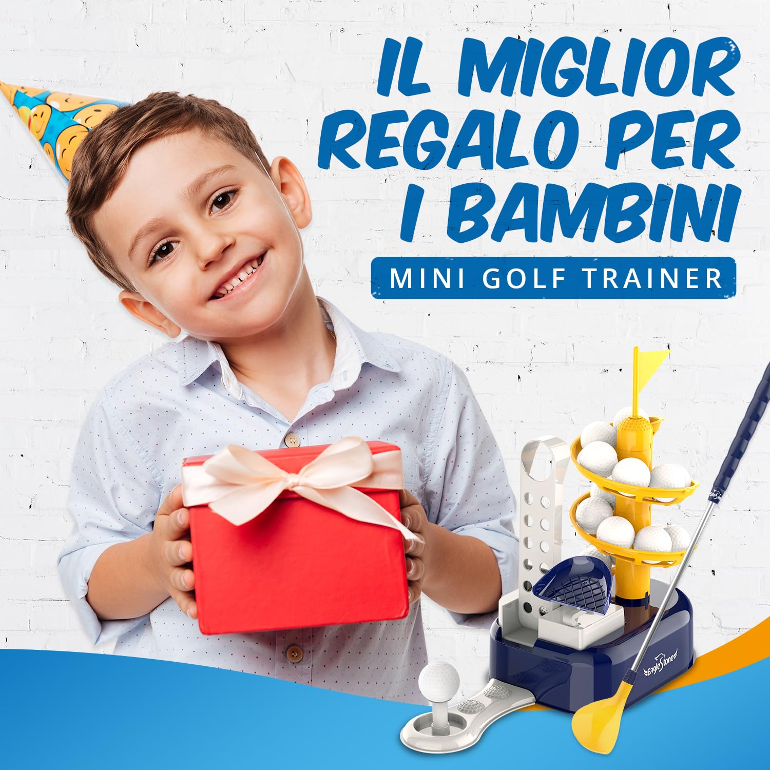 EagleStone Set da Golf Bambini 3-8 Anni con Lanciatore a Pedale, Mazza Regolabile, 15 Palline e Carrello. Giocattolo Sportivo da Interno ed Esterno per Bimbi e Bimbe