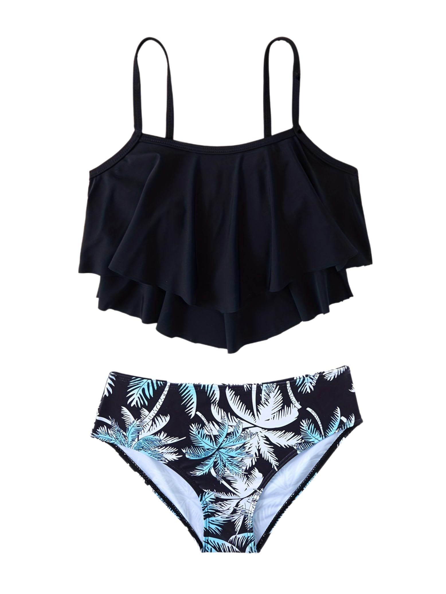 Eandarui Kids Girls 2Pcs Spaghetti Straps Tankini Top with Graphic Print Bottom Bikini Set Swimsuit Bathing Suit Black 13-14 Years