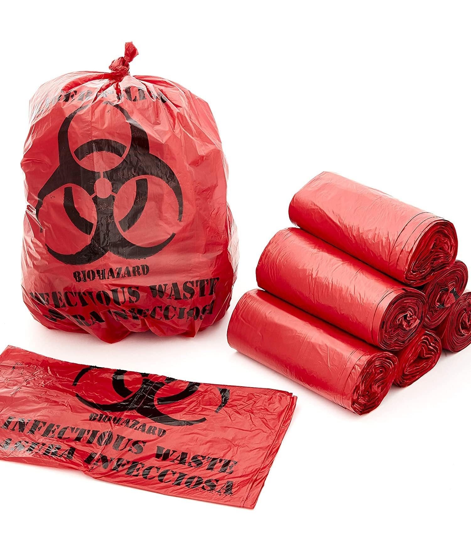 Bits N Things Biohazard Waste Bags - 40" x 48" (40-45 Gallon) - 50 Count Red Hazardous Trash Can Liners – Medical Grade No Leak Bags - .Great for Lab Containers, Swabs, Pads, Gloves