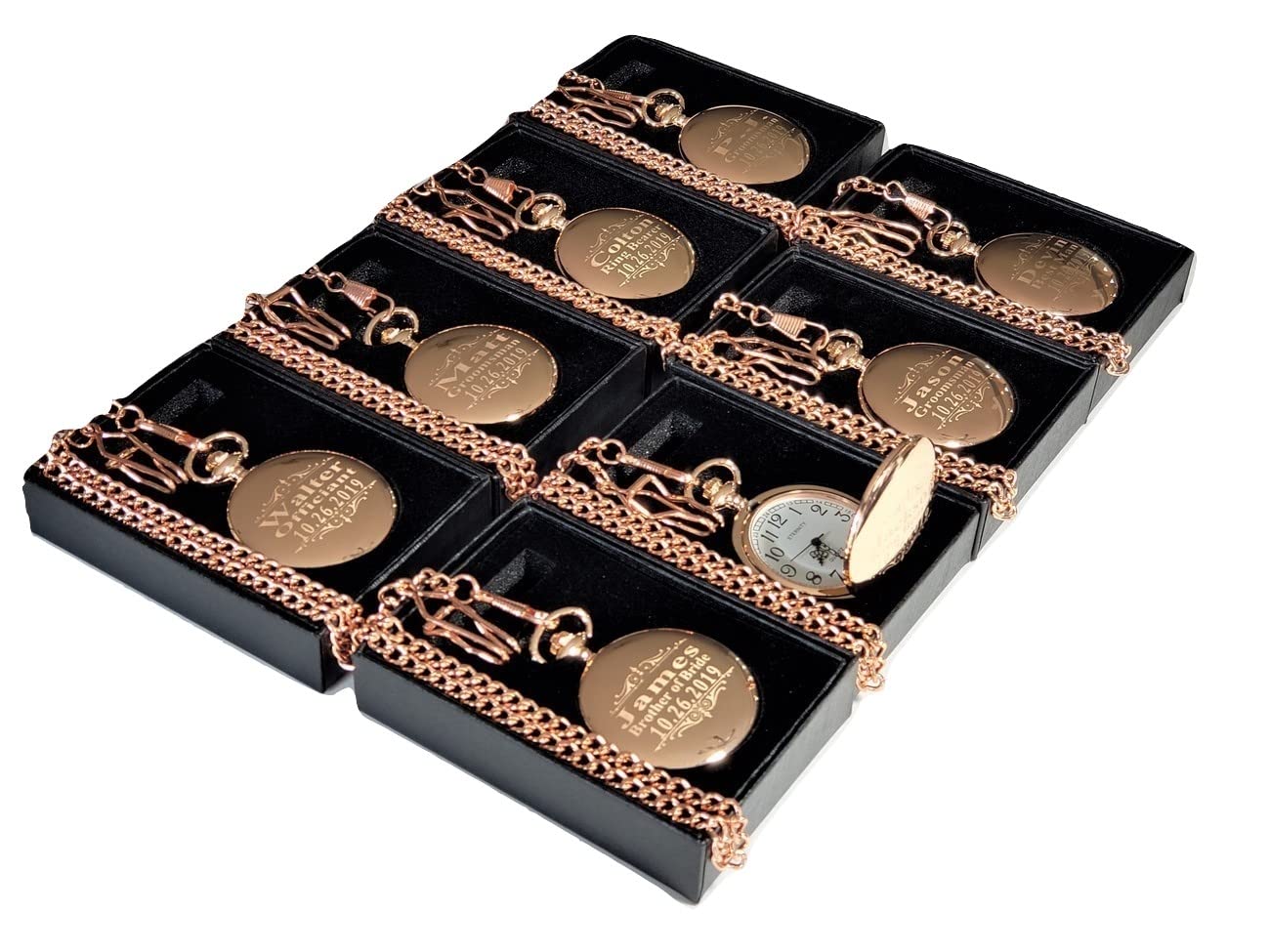 Eternity Engraving inc.8 Personalized Pocket Watches, Set of 8 Groomsmen Wedding Unique Gifts, Chain, Box and Engraving Included, Comes in 4 Colors