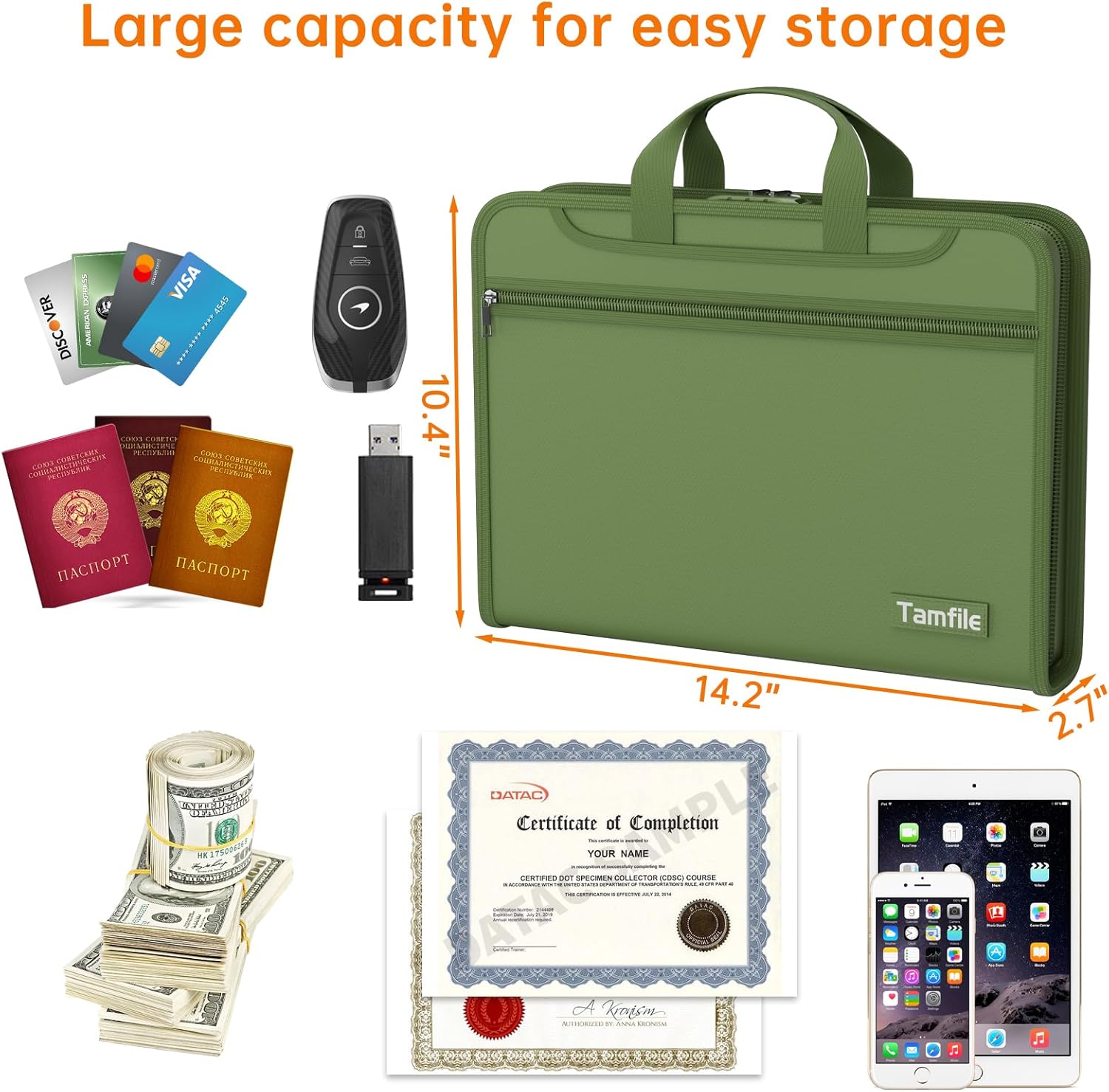 5200℉ Fireproof Accordion File Organizer with Lock, Thickened Document Organizer 13 Pocket with Zipper & Labels, Important Document Organizer, Expanding File Folder with Handle for Letter A4 (Green) thumbnail