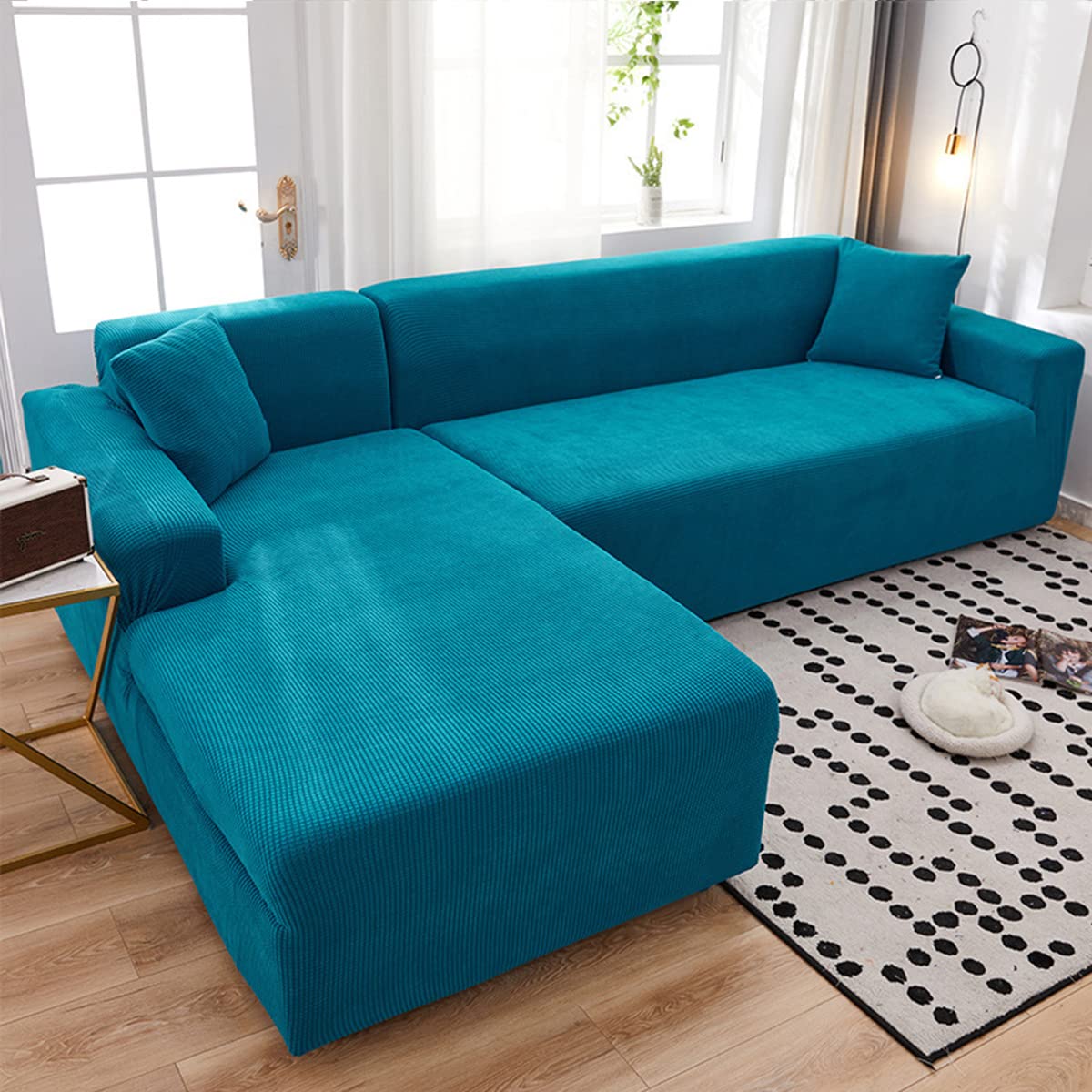 youyoucool Sectional Couch Covers L Sofa Covers Super Stretch 1 pcs Sofa Slipcovers for 2 Seaters Chaise Slipcover Pets, Bluestone blue