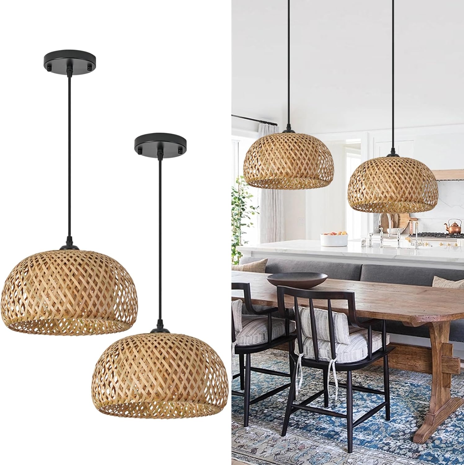TERLEENART Bamboo Pendant Light,1pcs Boho Round Basket Chandelier Handmade Woven Pendant Light, Natural Bamboo Rattan Hanging Chandelier for Kitchen Island Dining Room Living Room Porch