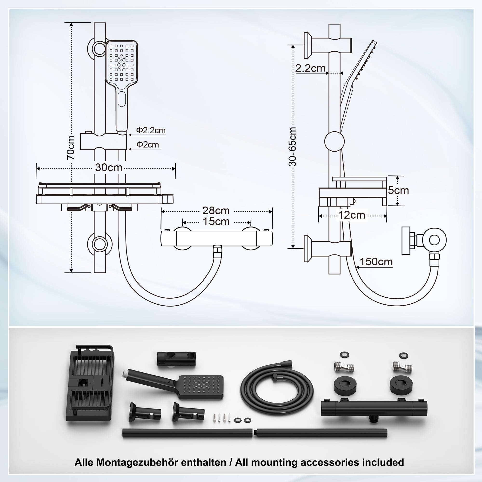 Görbach Duschsystem mit Thermostat – Edelstahl Duschset mit Duscharmatur, Brausestange Set mit Thermostatarmatur, Handbrause, Schlauch, Duschstange 70 cm mit Duschablage, Schwarz