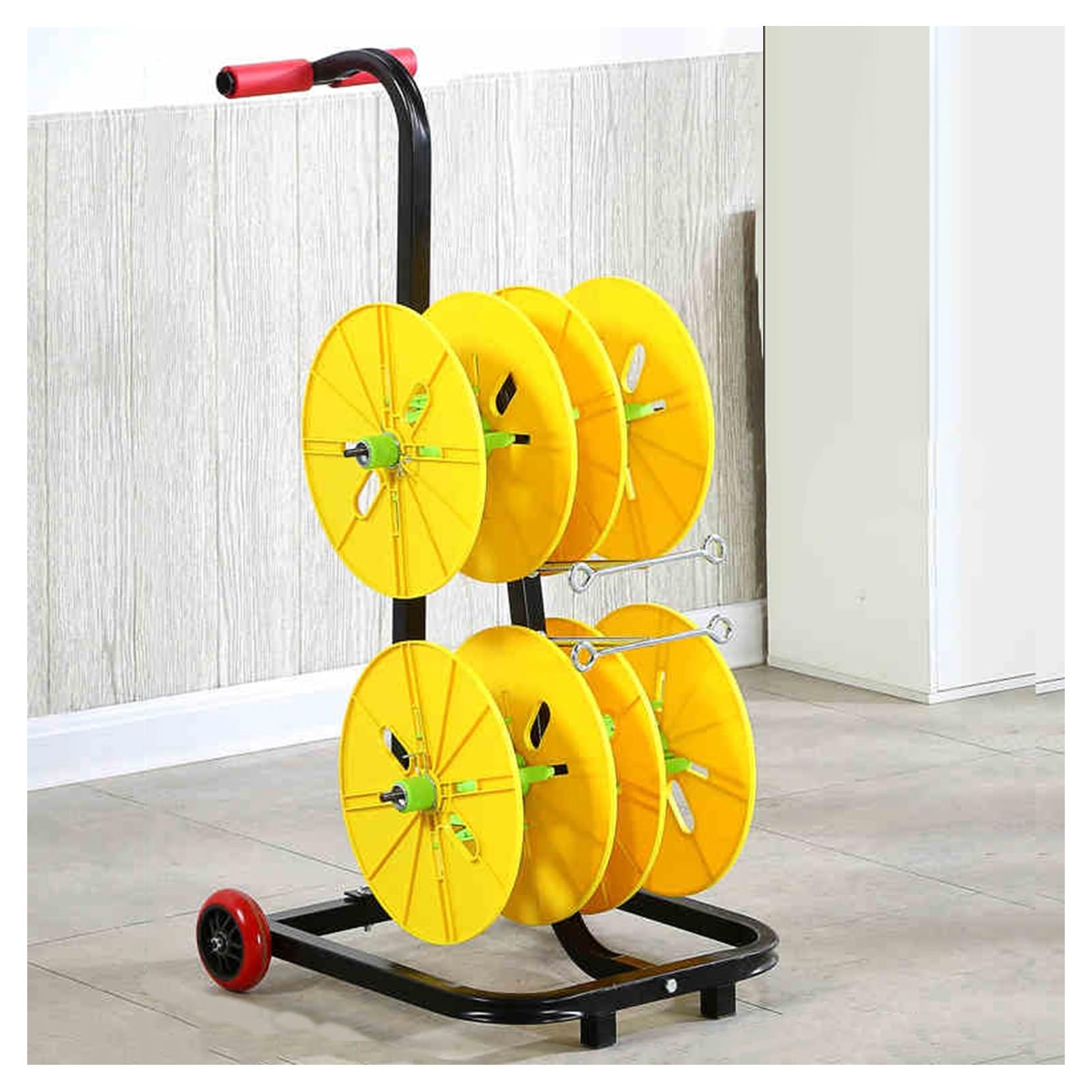 Carretilla para bobinas de alambre con ruedas y soporte desenrollador manual de cables 49x42 cm