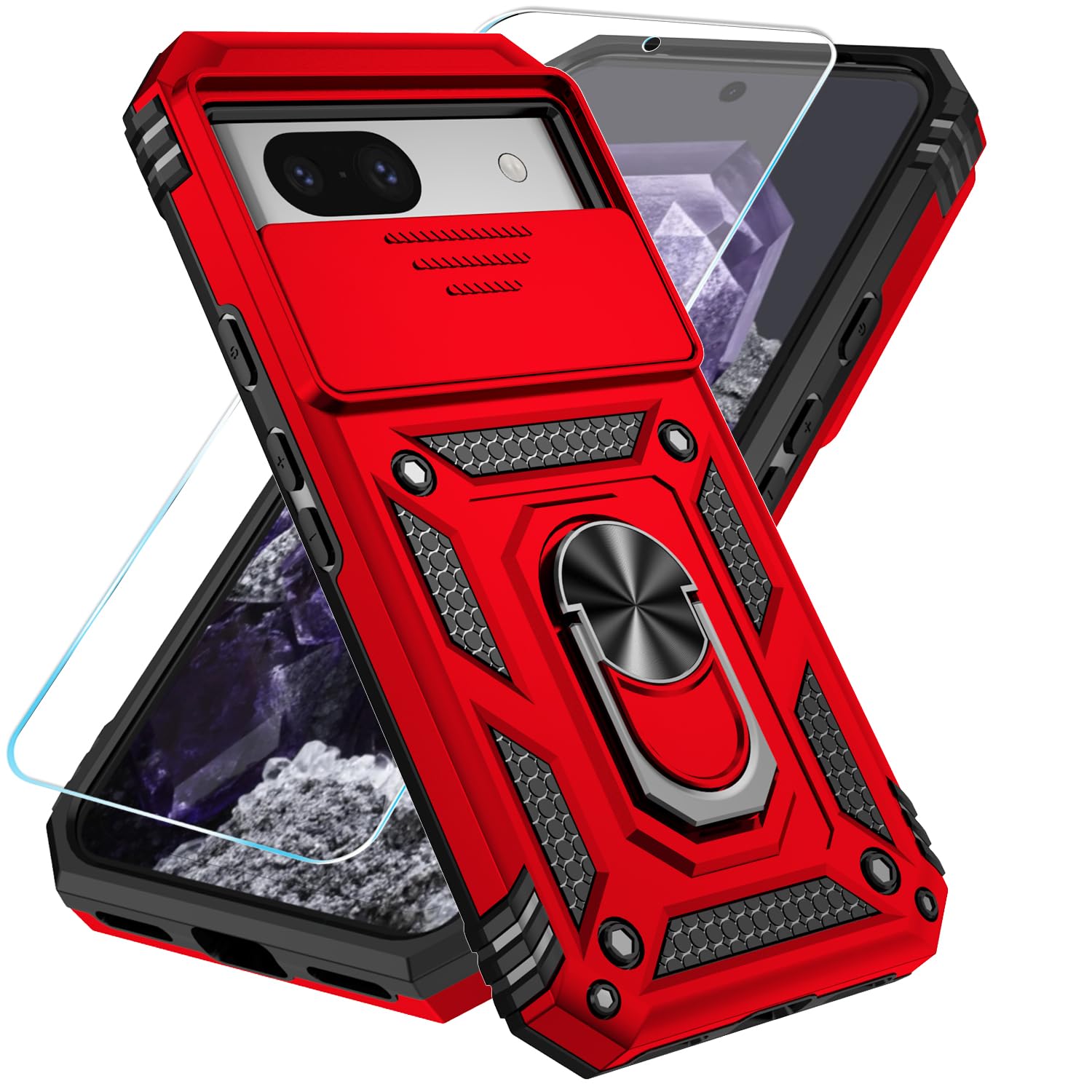 SunStory Case for Google Pixel 8A Case with HD Screen Protector & Slide Camera Cover & Kickstand, [Not for Pixel 7A/8/8 Pro Phone],[Military Grade] for Google Pixel 8A (Red)