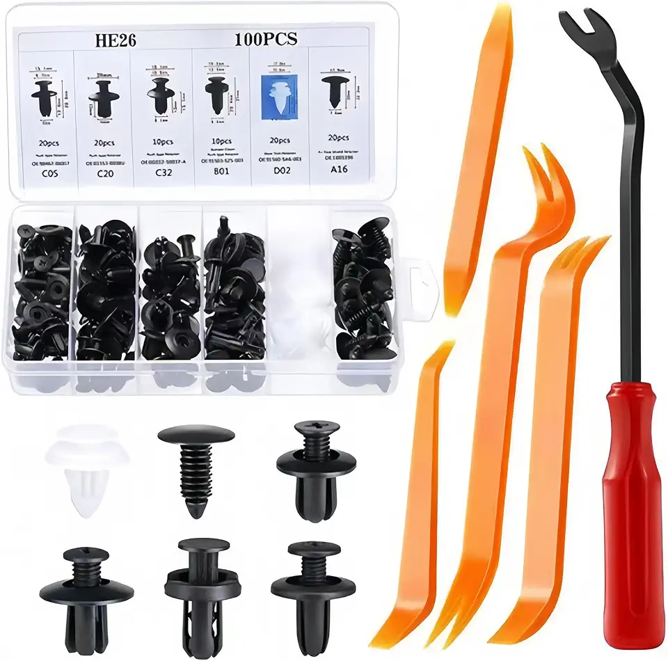 Kit 100 Presilhas Automotivas Universais – Grampos para Parabarro, Parachoque e Forro de Porta + 3 Ferramentas de Remoção – Acabamento Interno e Externo (100 Peças)
