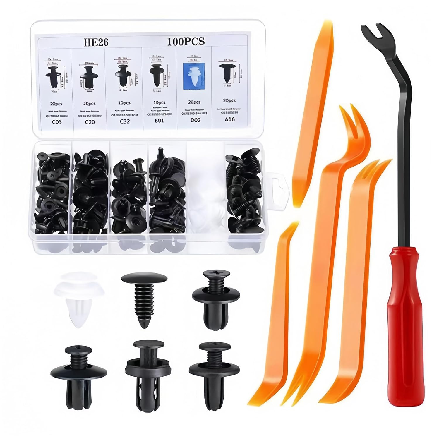 Kit 100 Presilhas Automotivas Universais – Grampos para Parabarro, Parachoque e Forro de Porta + 3 Ferramentas de Remoção – Acabamento Interno e Externo (100 Peças)