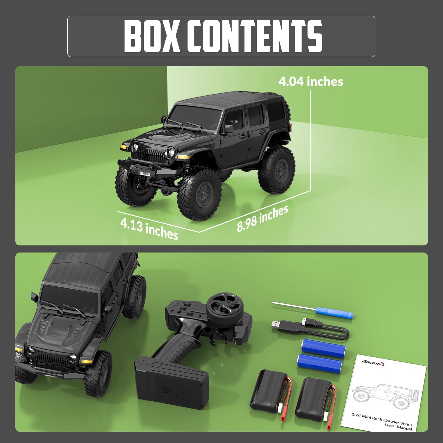 RACENT Coche de Radiocontrol 1:24 4x4, 2.4GHz con 2 Baterías 20min Negro | Coche Teledirigido