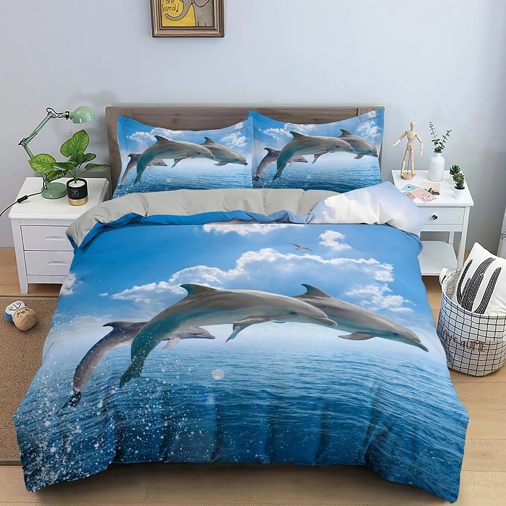 QBIDCSX King Size Duvet Cover Sets Grey Dolphin King Size Bedding Sets Patterned Bed ding 230x220 cm and 2 Pillowcases 50x75 cm with Zipper - Warm & Ultra Soft Brushed Microfiber