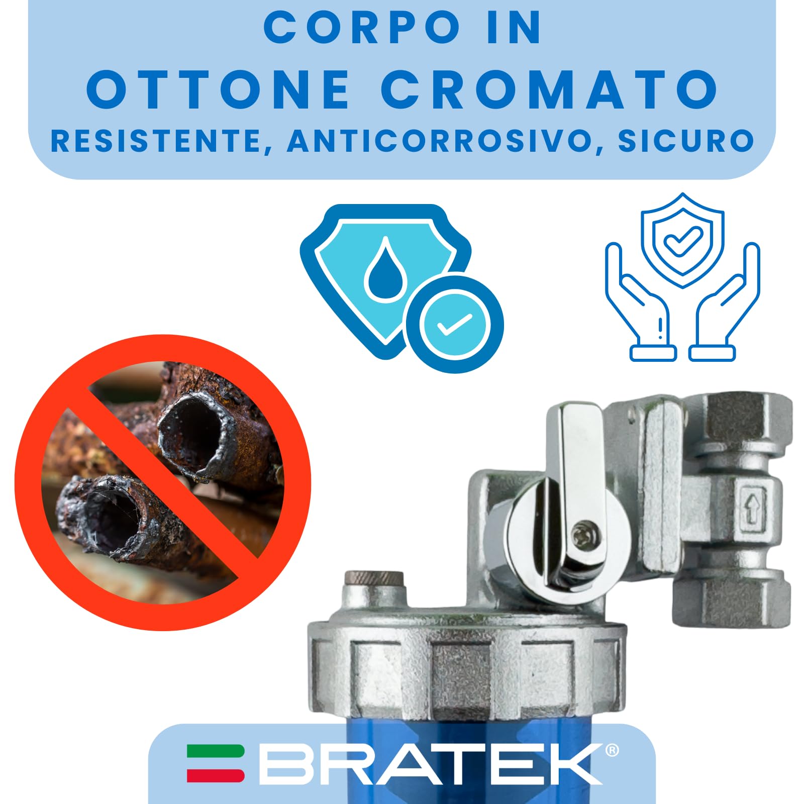 BRATEK Drehbarer Polyphosphatspender mit By-Pass, Anschluss Anlage 1/2 Zoll mit 1 Nachfüllpackung Polyphosphate in Pulverform – Dosierer für Hydraulik- und Sanitäranlagen, maximale Durchflussmenge 1,5