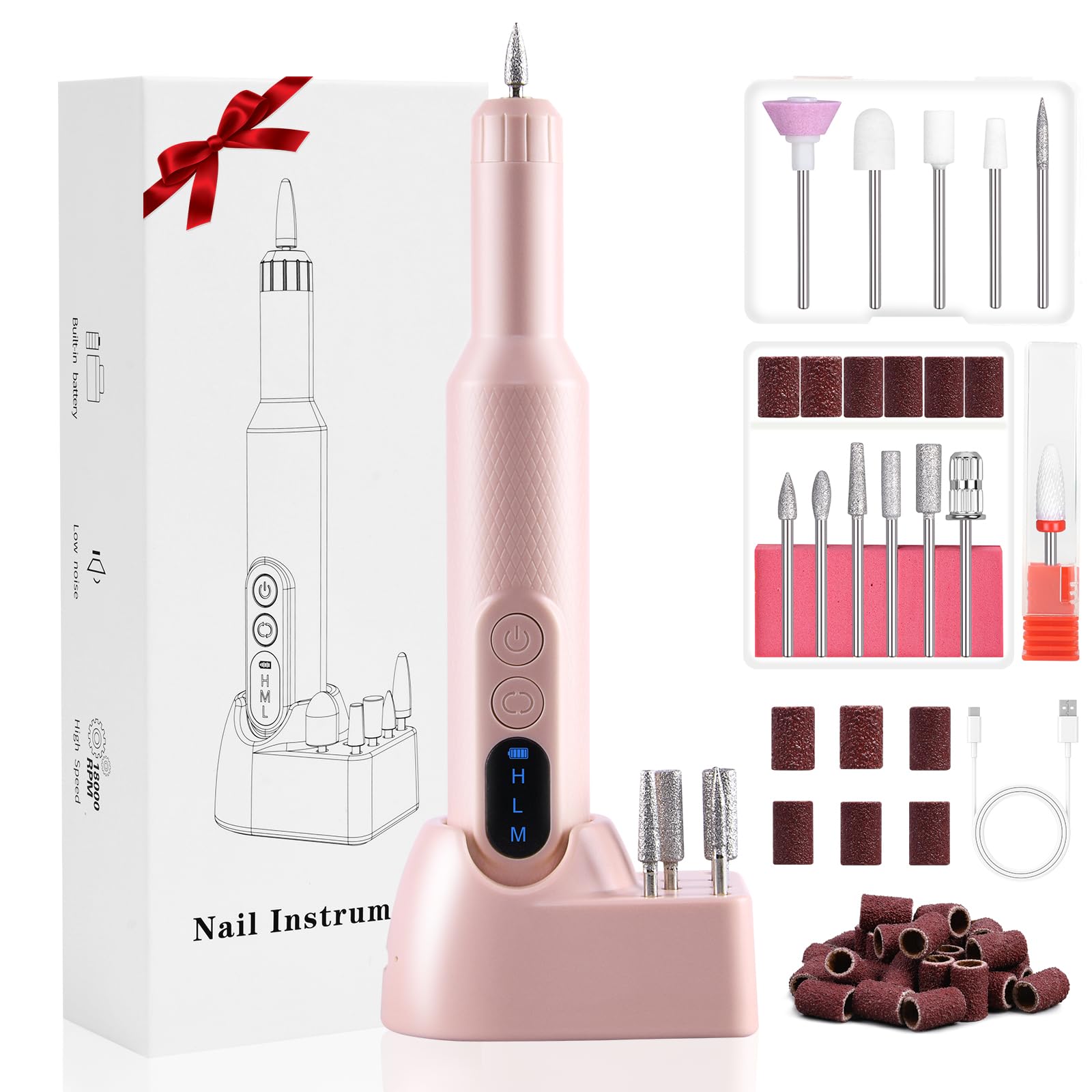 URAQT Torno para Uñas, Velocidad Adjustable de 18000 RPM Drill para Uñas Profesional, Limas de Uñas Eléctrica Portátil, Set de Manicura y Pedicura con Base de Carga Inalámbrica (Rosado)