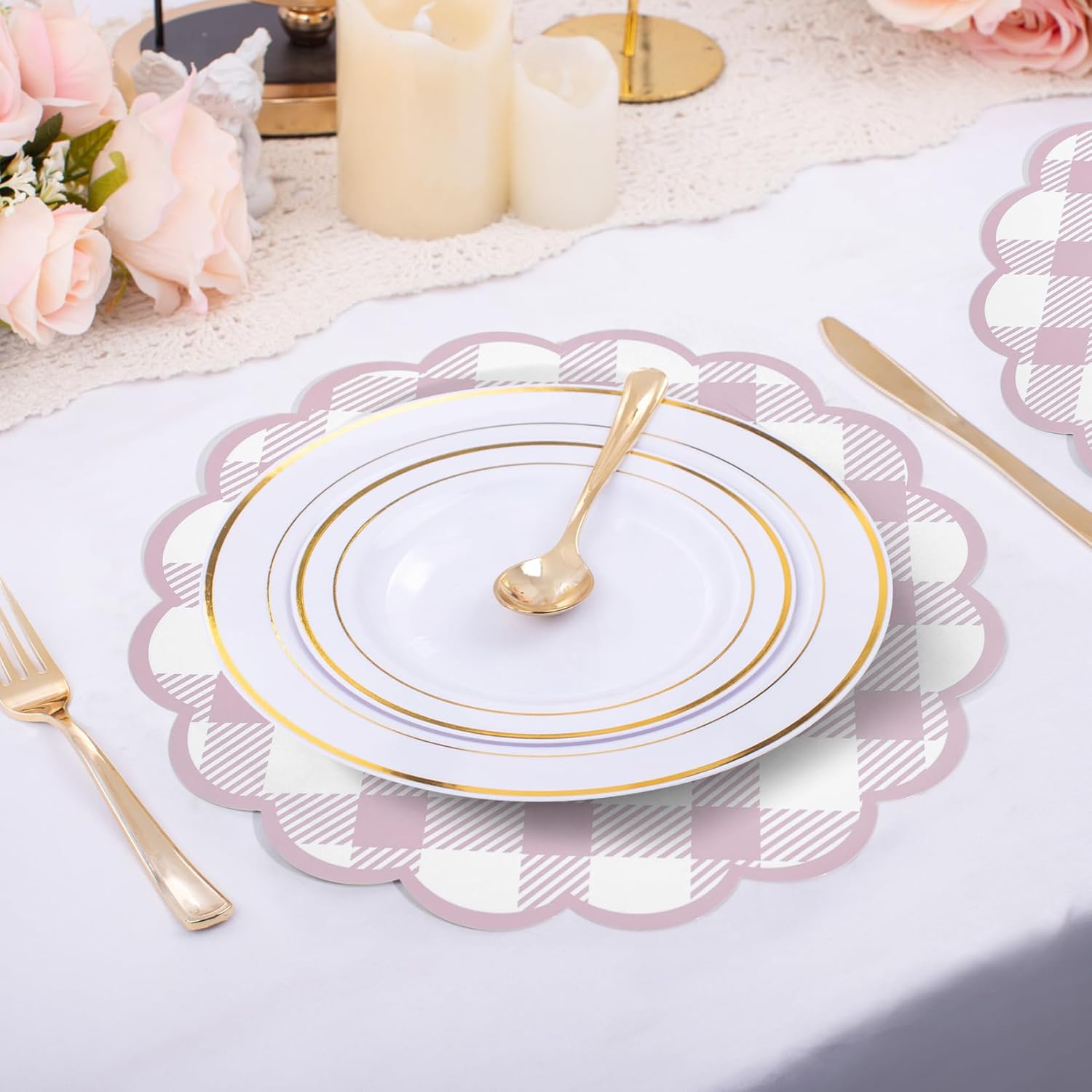 100Pcs Pink Checkered Paper Placemats 13.5 Inch Scalloped Round Disposable Gingham Place Mats, Waterproof Decorative Table Mats for Baby Shower Outdoor Picnic BBQ Birthday Tea Party