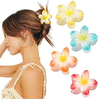 MiDoDo Hawaiian Flower Hair Clips for Women 4 Pack - Large Claw Clips for Thin and Thick Hair - Plumeria Beach Tropical Hair Accessories for Girls