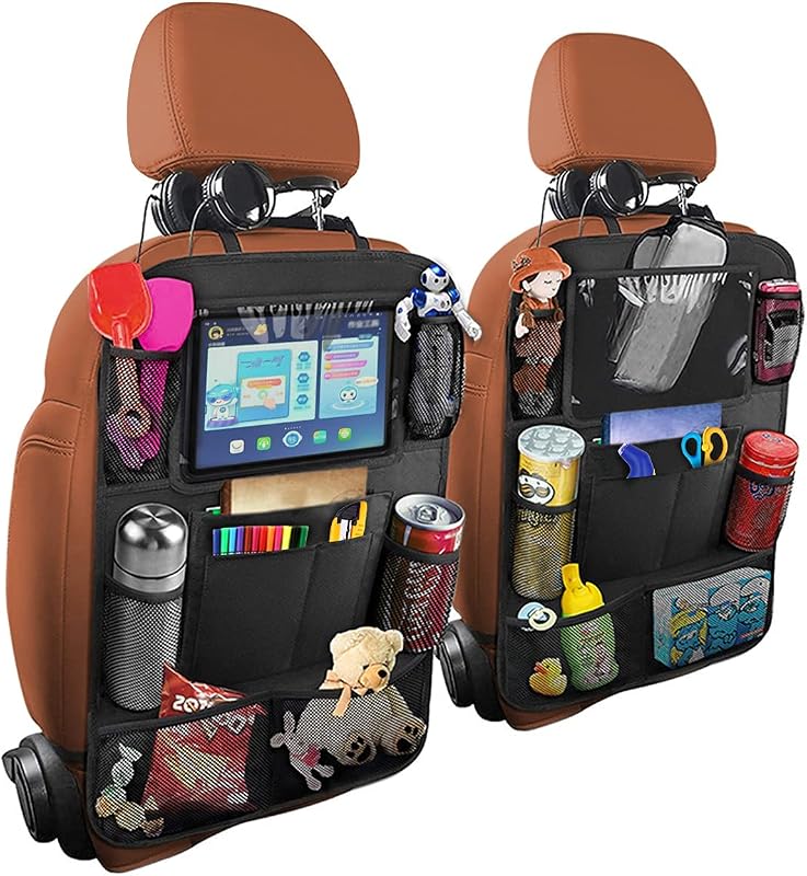 2 Pack 9-Pocket Seatback Organizer with 10 Inch Tablet Holder | waterproof surface, durable travel storage, holds kids essentials, backseat placement, car interior accessory