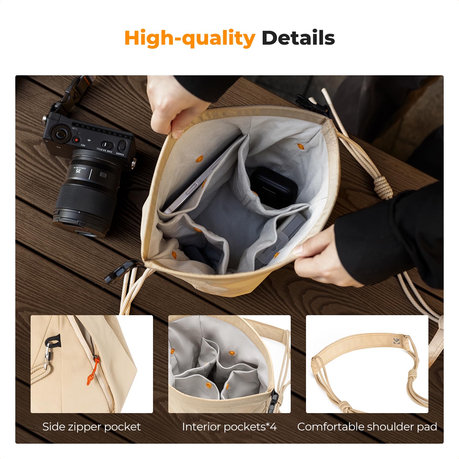 K&F CONCEPT Sac Appareil Photo, Porté à la Main Sac léger à la Mode Compatible avec Les Petits appareils Photo Reflex Compacts pour Femmes-Beige