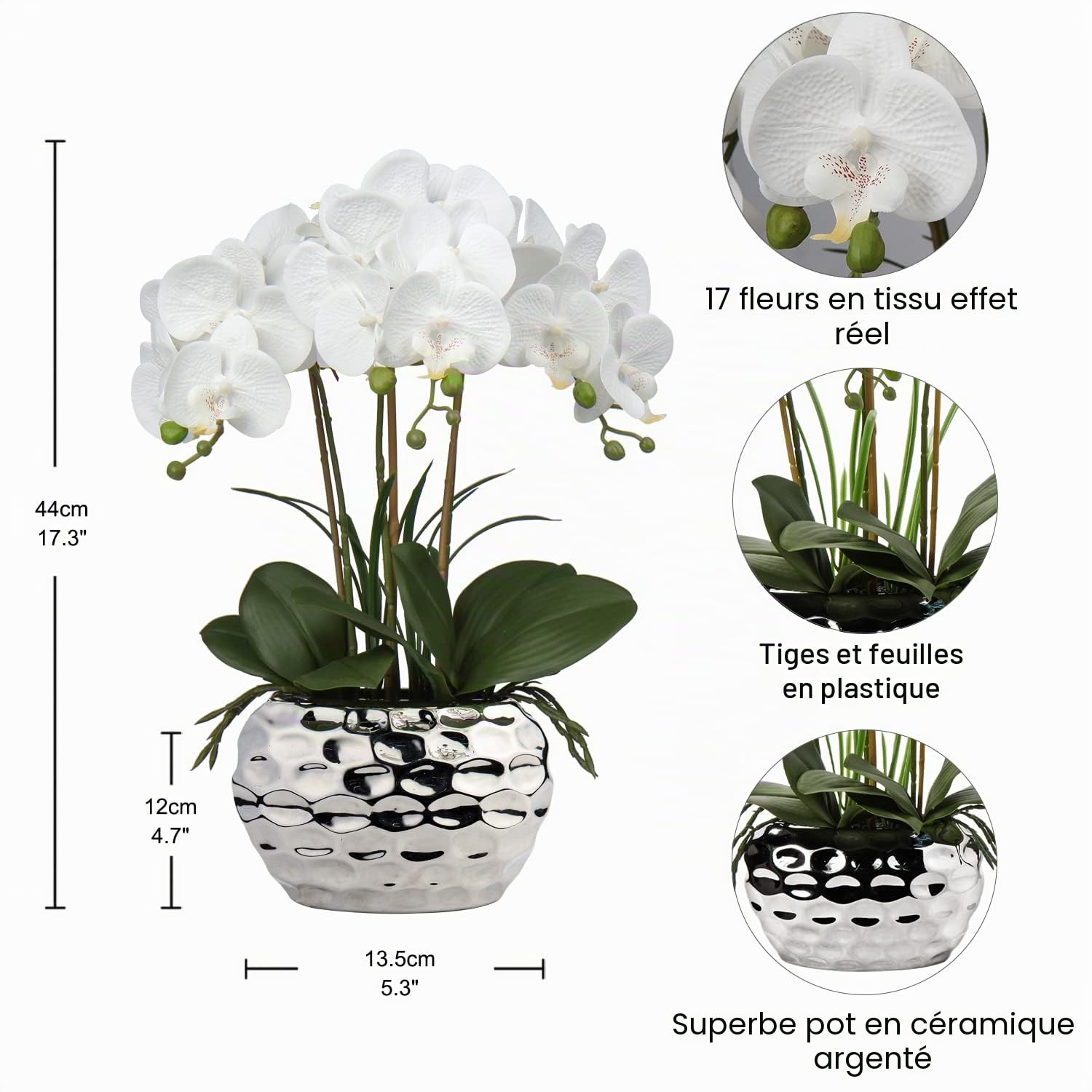 44 cm Orchidée Artificielle Phalaenopsis Fleurs artificielles comme véritable orchidée décorative Bonsaï Arrangement en Pot en céramique pour Table Salon décoration
