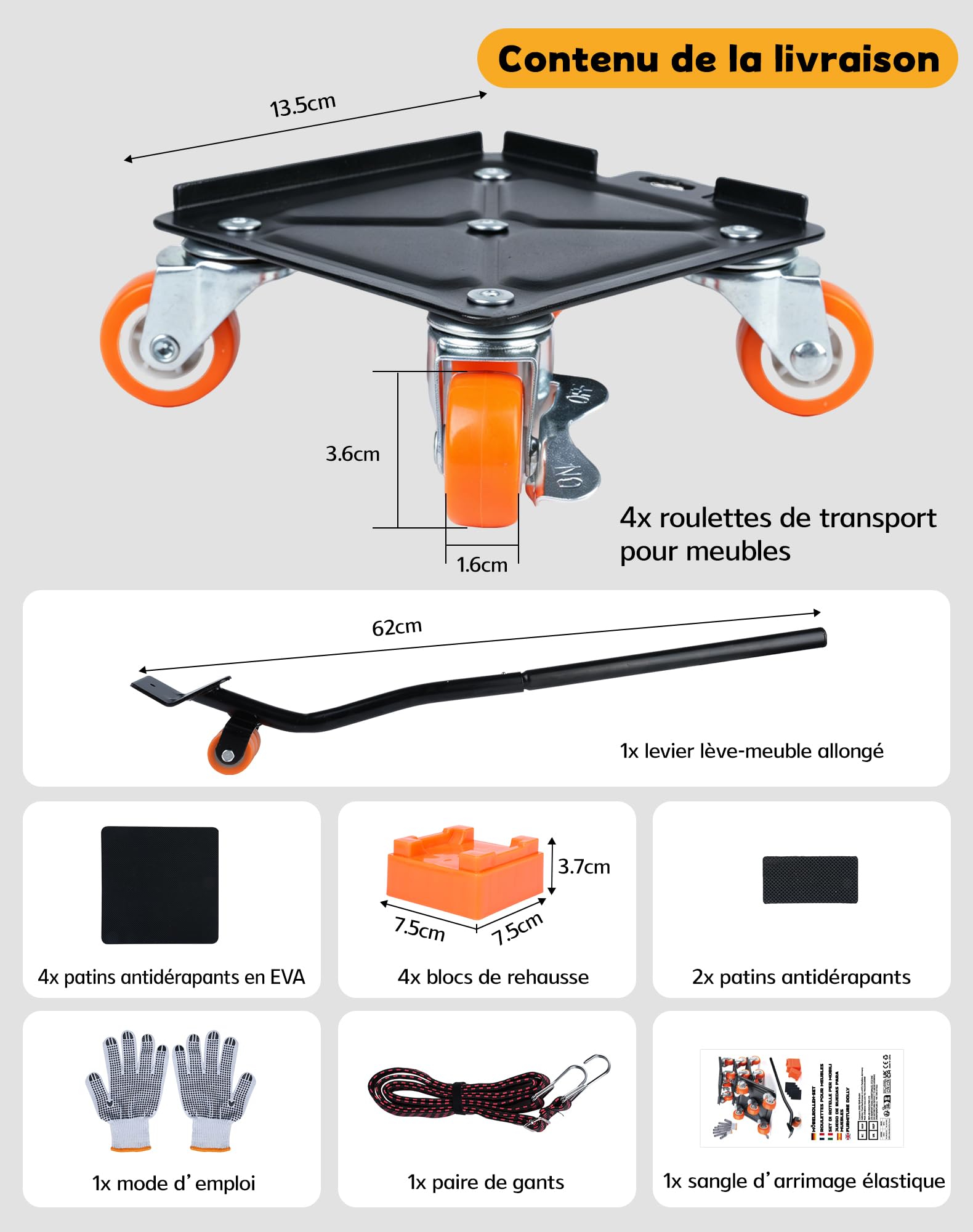 Kit de Roulettes pour Meubles, 4 Roulettes à 5 Roues avec Frein et Lève-Meuble, Charge jusqu’à 750 kg, Roulette Demenagement pour Réfrigérateur, Machine à Laver, Armoire et Canapé